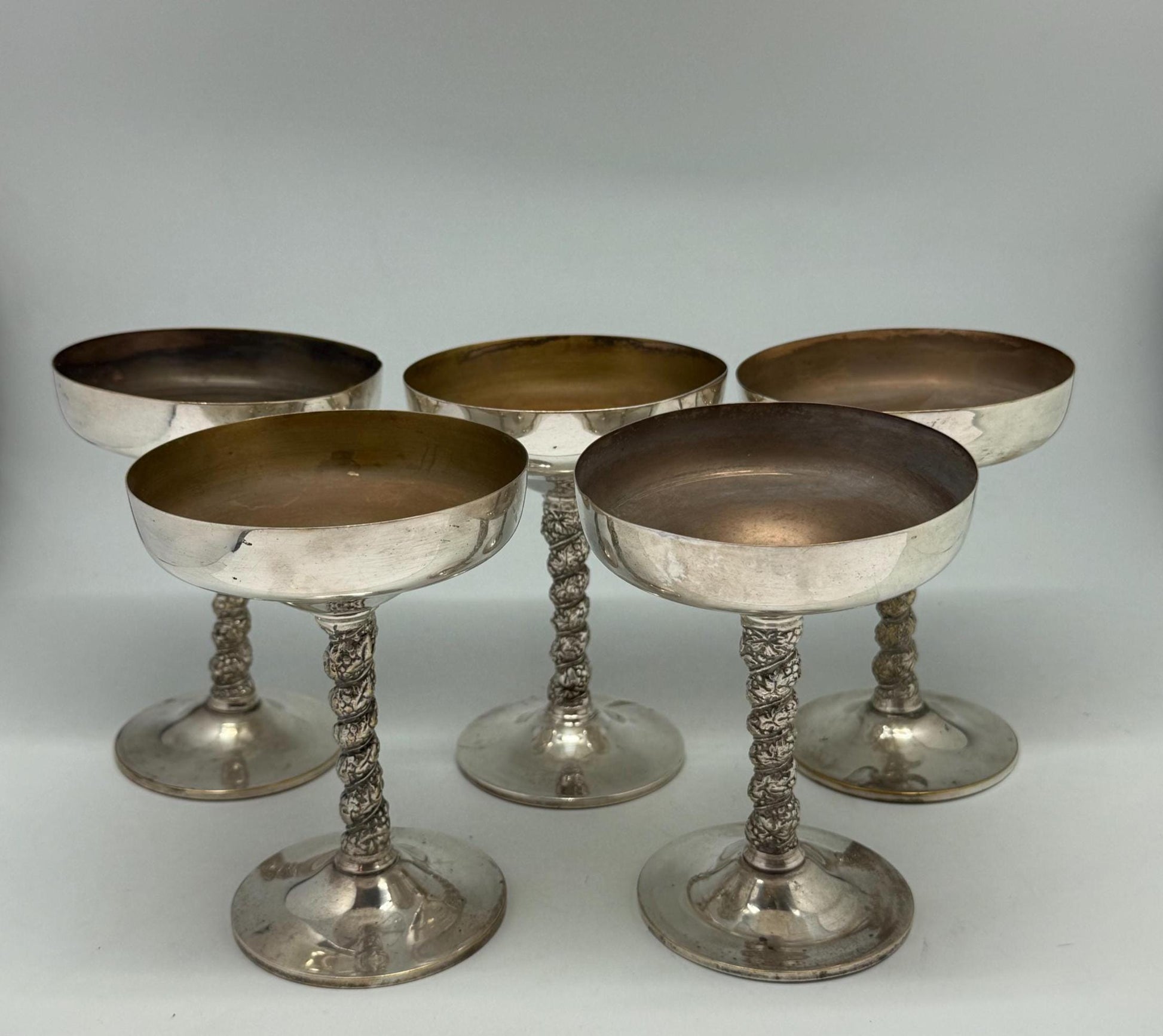 Vintage Silver Plated Brass Goblets – Set of 5 Champagne Coupes with Ornate Stems, Mid Century Barware, 14cm Tall