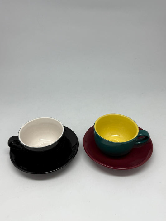Colorful Ceramic Espresso Cups with Saucers – Set of 2, Retro Coffee Cups, 5cm Tall, Vintage Modern Style
