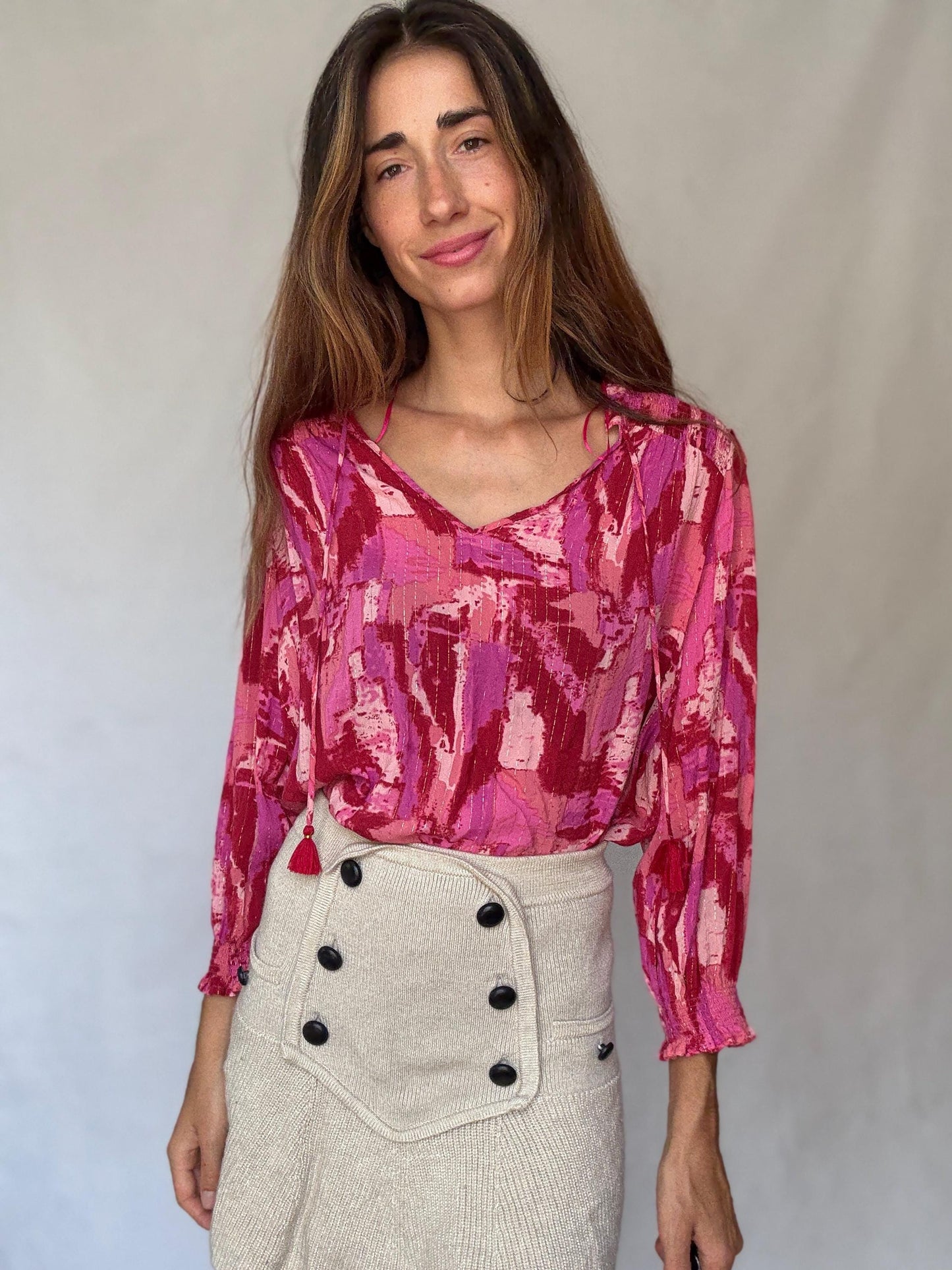Pink Metallic Boho Blouse | Vibrant Summer Festival Top | Y2K Inspired Sparkle Shirt,