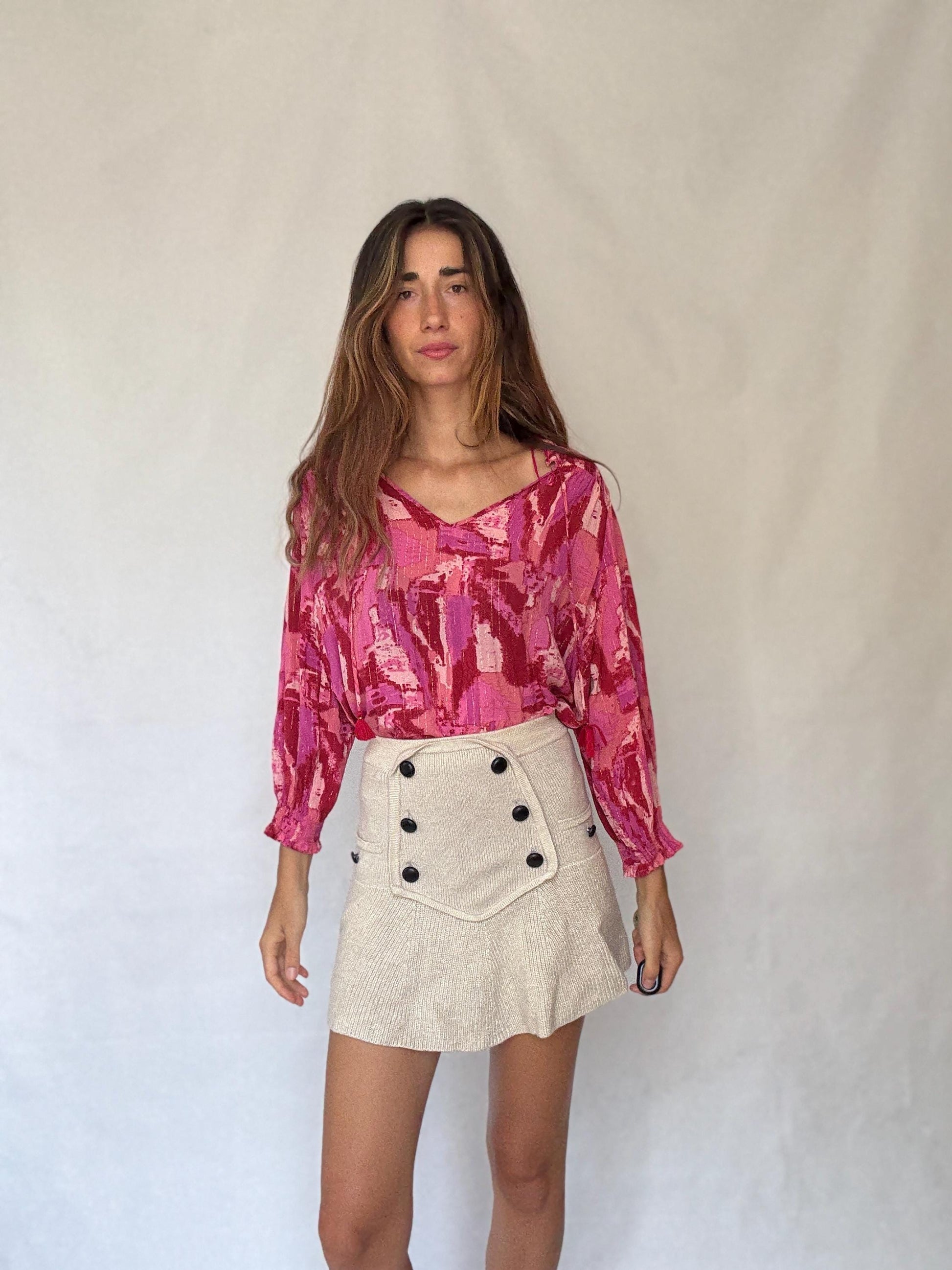 Pink Metallic Boho Blouse | Vibrant Summer Festival Top | Y2K Inspired Sparkle Shirt,