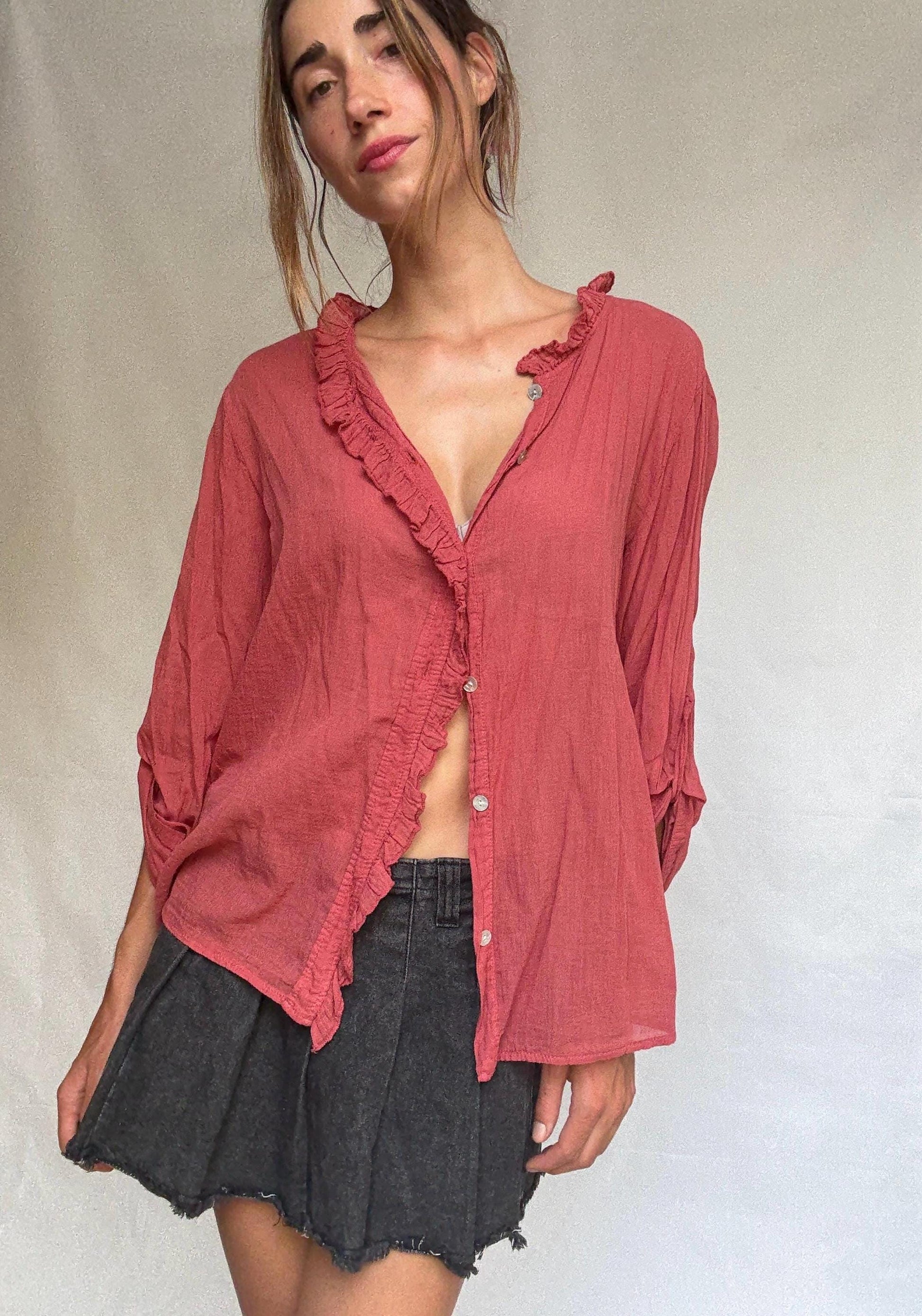 Burgundy Ruffled Cotton Blouse — back view