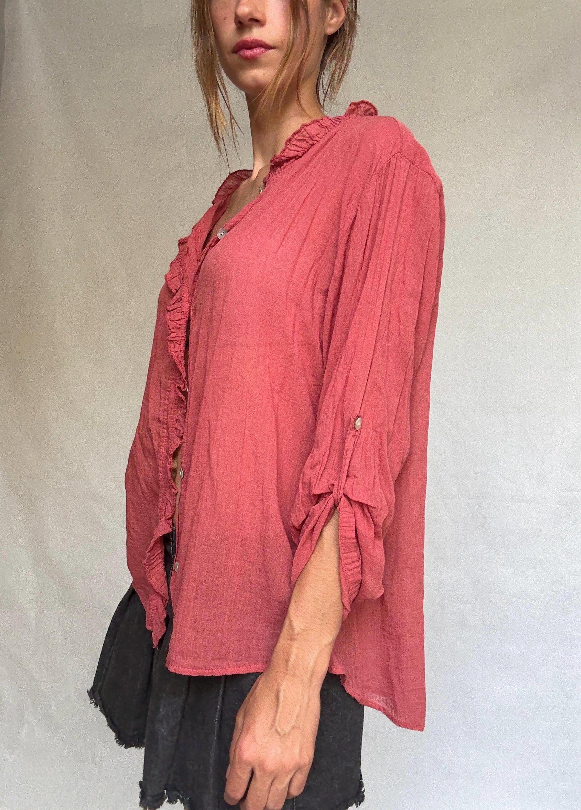 Burgundy Ruffled Cotton Blouse — fabric close-up