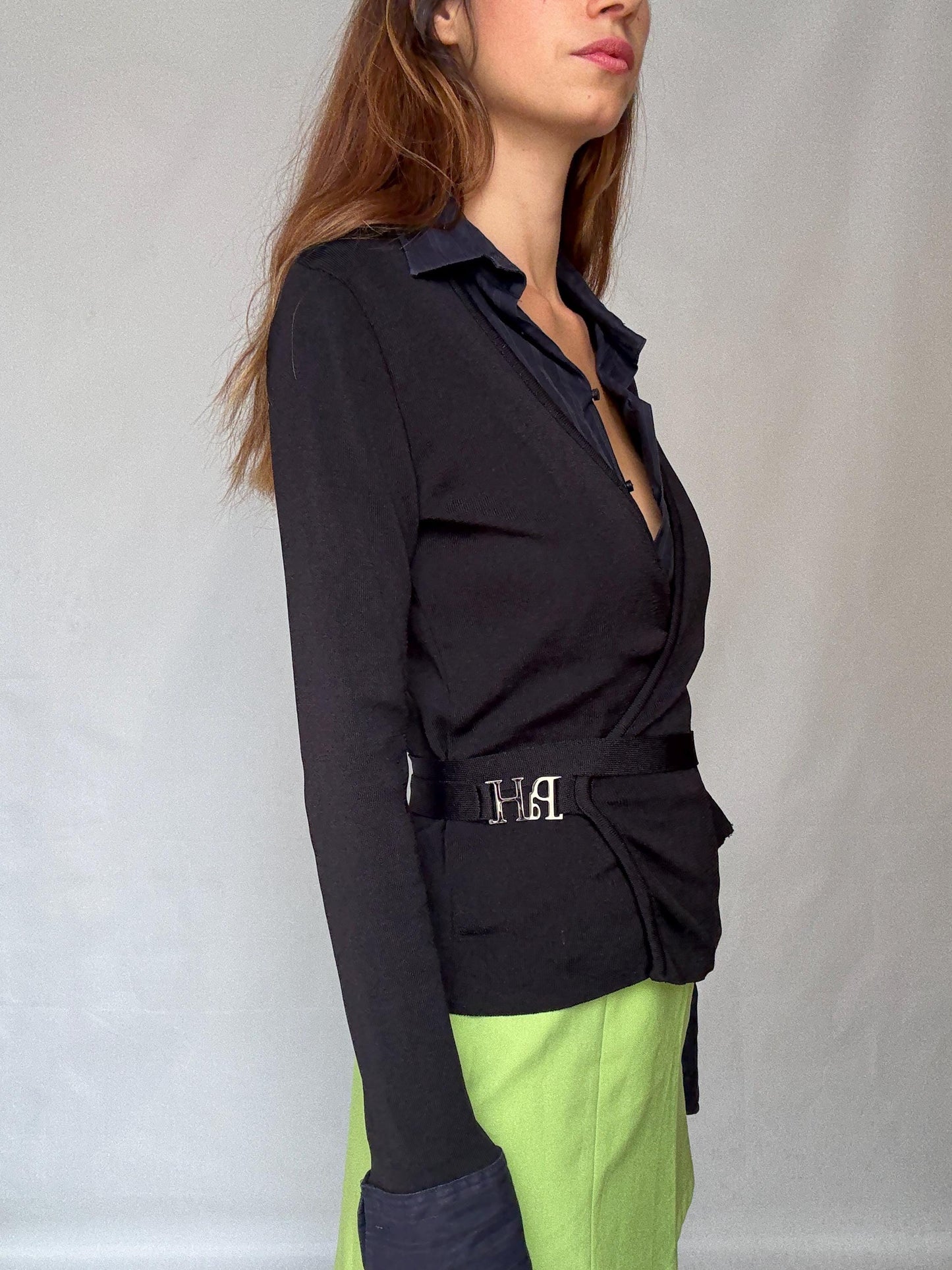 Luxury Pedro del Hierro wrap vest with blouse, Navy blue long sleeve jumper, Spanish designer clothing, Eutopean vintage fashion