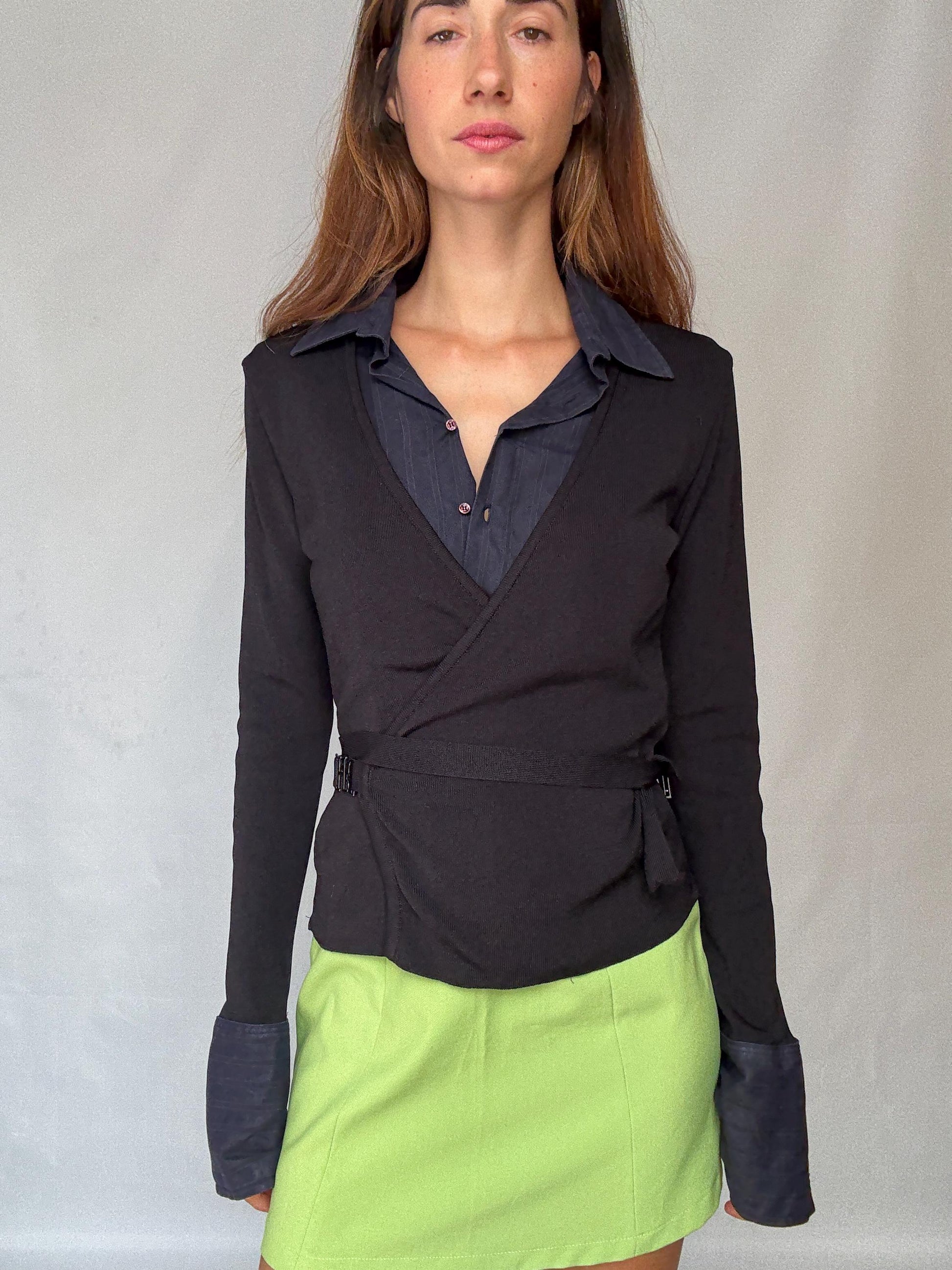 Luxury Pedro del Hierro wrap vest with blouse, Navy blue long sleeve jumper, Spanish designer clothing, Eutopean vintage fashion