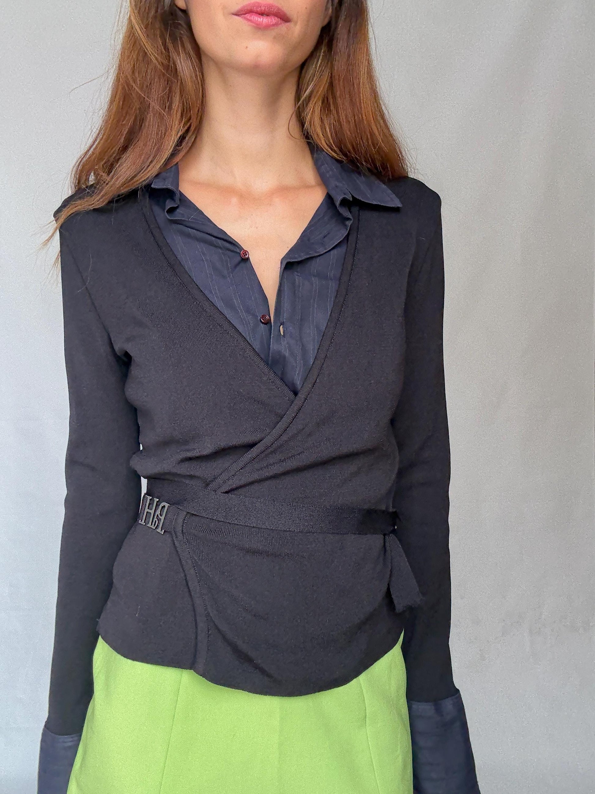 Luxury Pedro del Hierro wrap vest with blouse, Navy blue long sleeve jumper, Spanish designer clothing, Eutopean vintage fashion