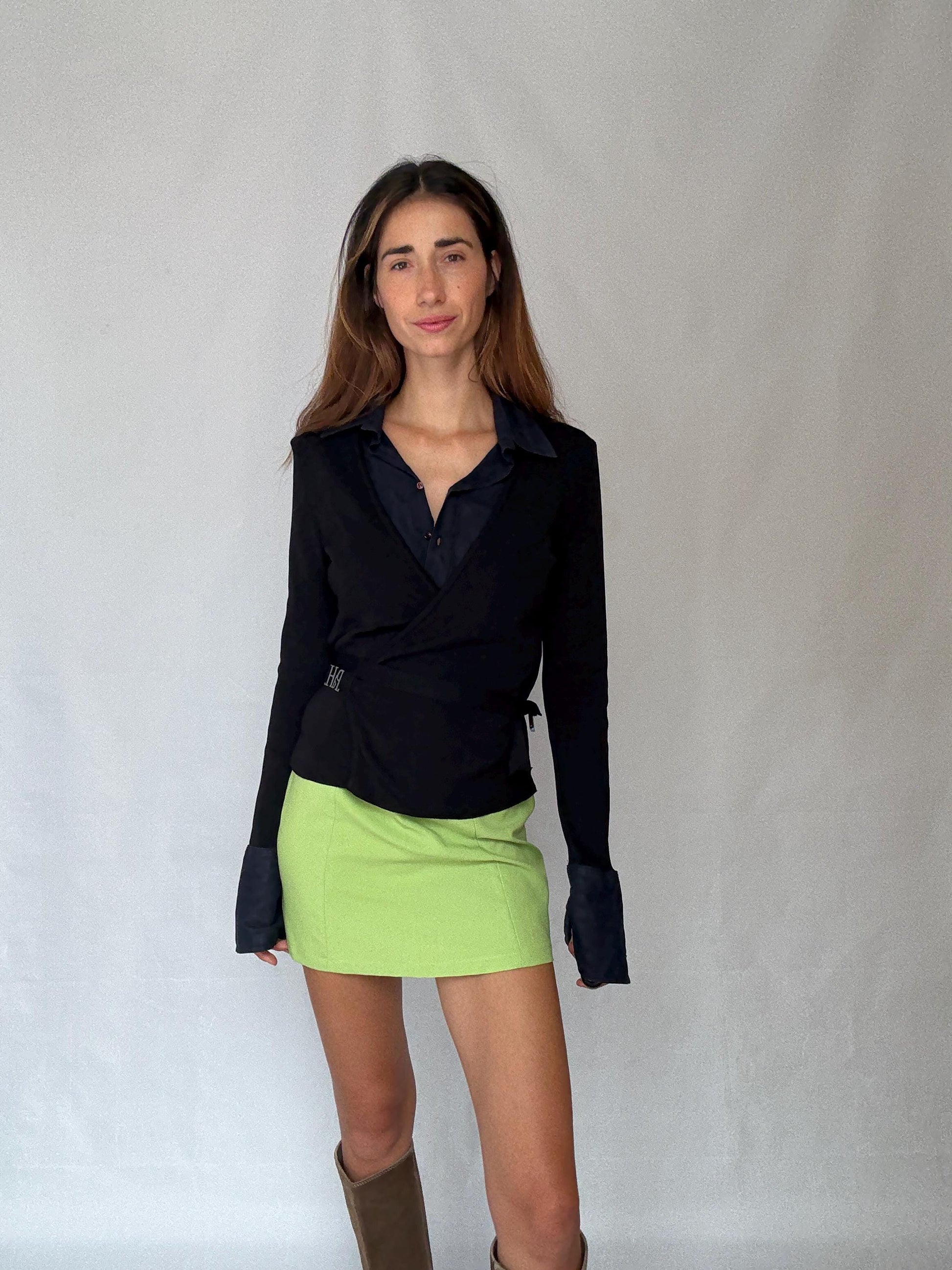 Luxury Pedro del Hierro wrap vest with blouse, Navy blue long sleeve jumper, Spanish designer clothing, Eutopean vintage fashion