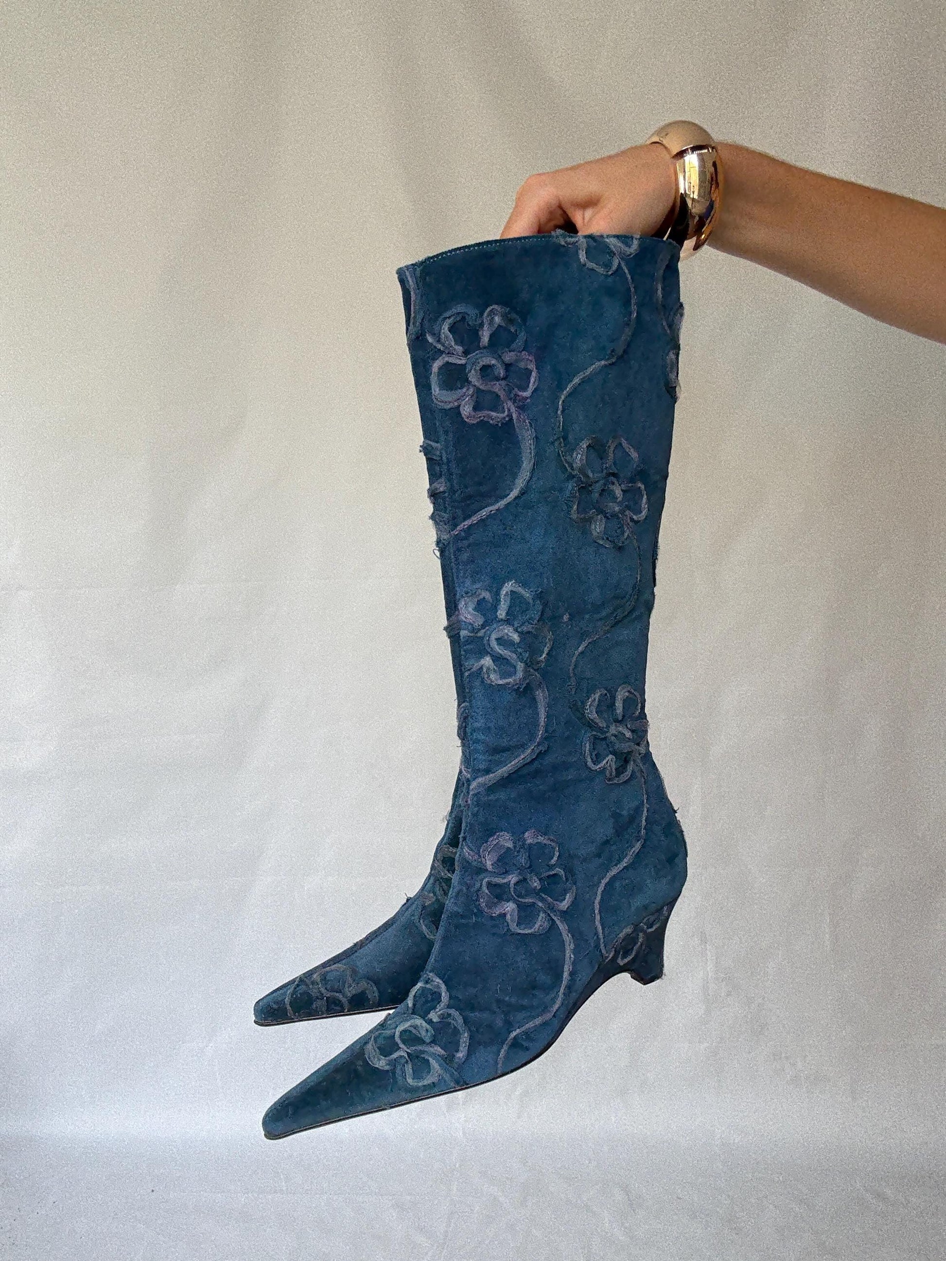 Vintage Maripaz Blue Floral Embroidered Boots with a Hint of Grunge Inspired by Boy George - US Size 9