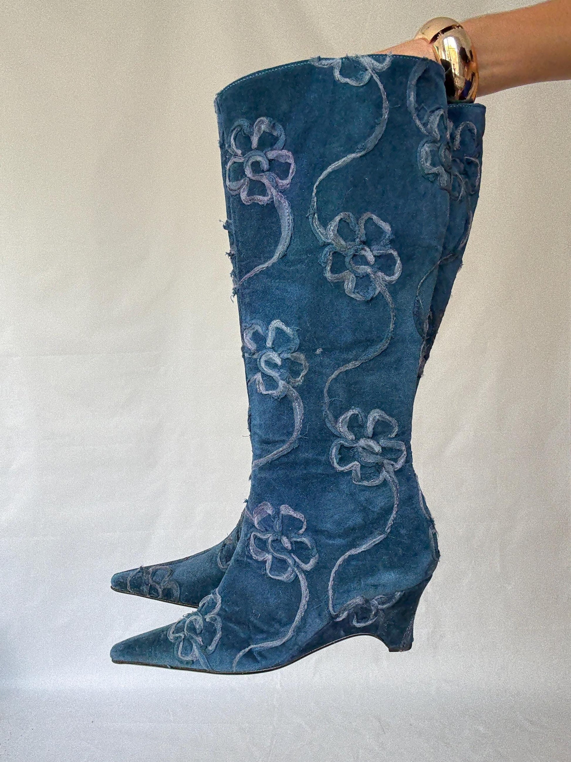 Vintage Maripaz Blue Floral Embroidered Boots with a Hint of Grunge Inspired by Boy George - US Size 9