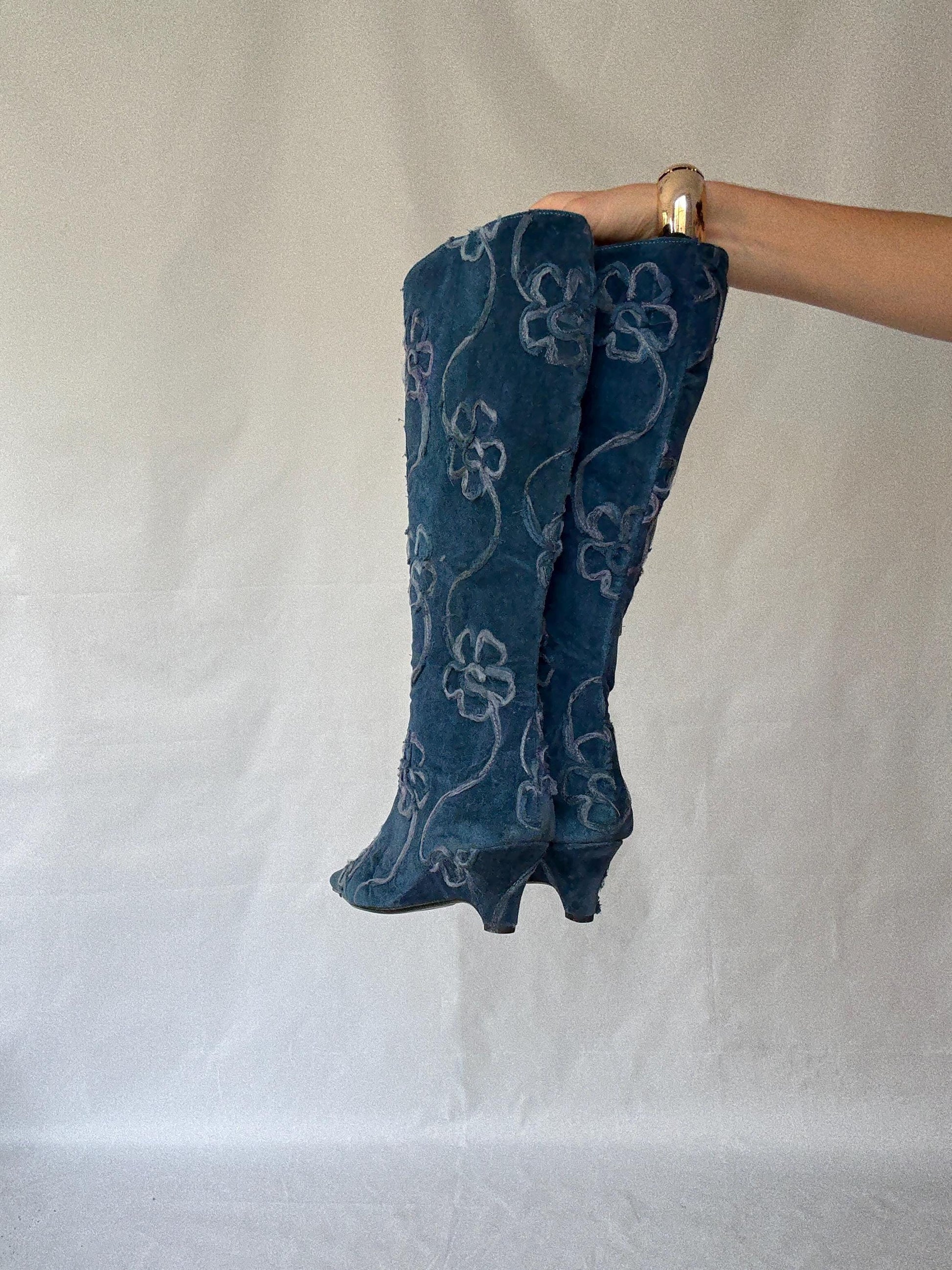 Vintage Maripaz Blue Floral Embroidered Boots with a Hint of Grunge Inspired by Boy George - US Size 9