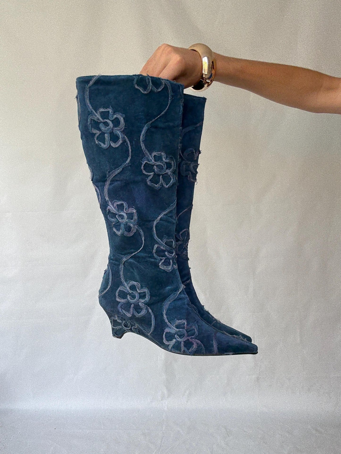 Vintage Maripaz Blue Floral Embroidered Boots with a Hint of Grunge Inspired by Boy George - US Size 9