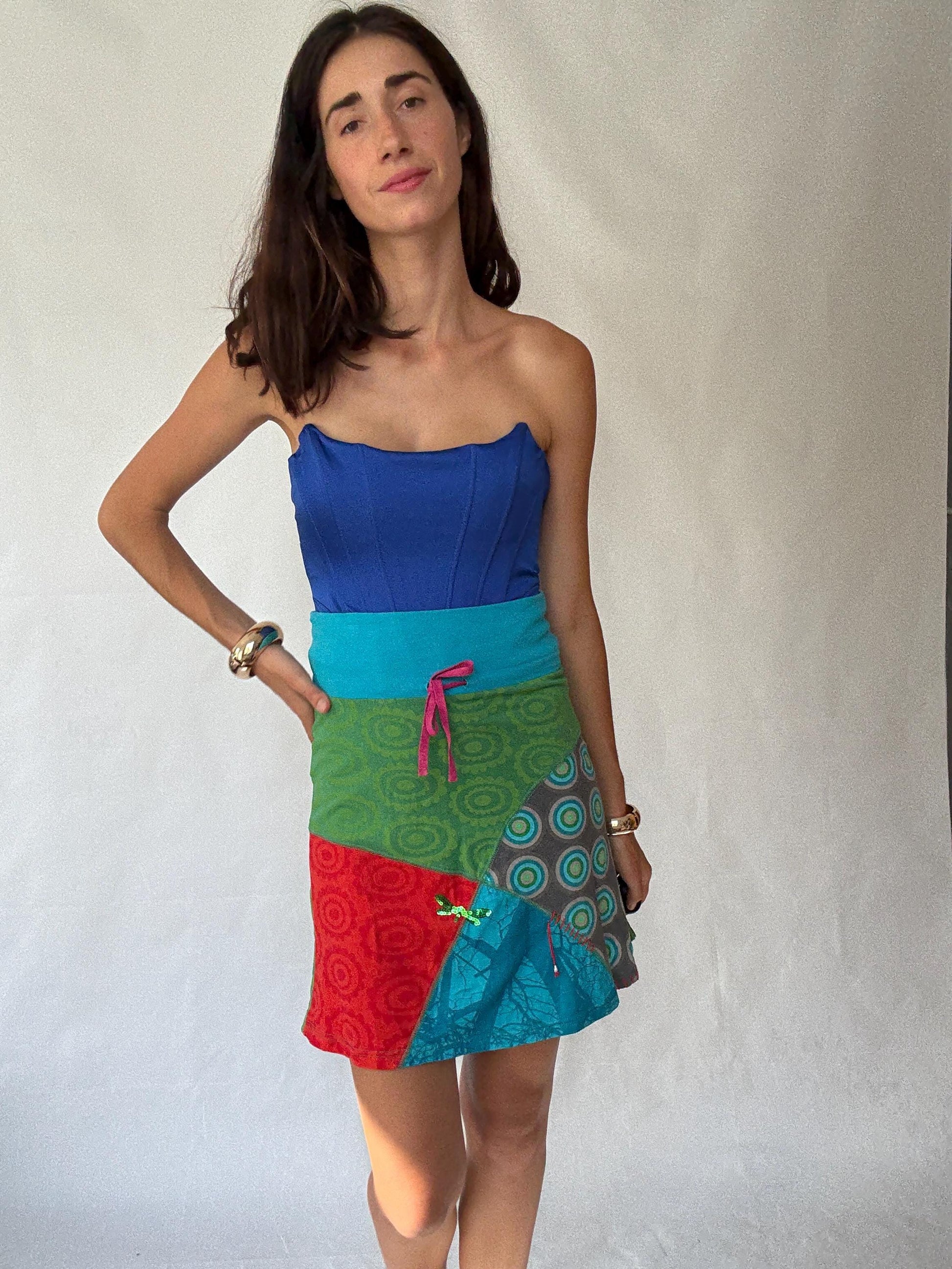 Eclectic Desigual Cotton Skirt with Vibrant Patterns and Patchwork in Turquoise, Green, Red, and Blue - Bohemian Style