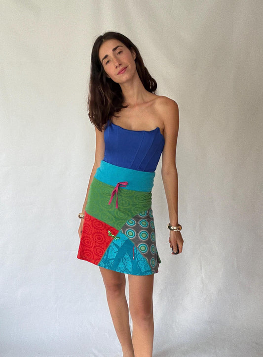Eclectic Desigual Cotton Skirt with Vibrant Patterns and Patchwork in Turquoise, Green, Red, and Blue - Bohemian Style