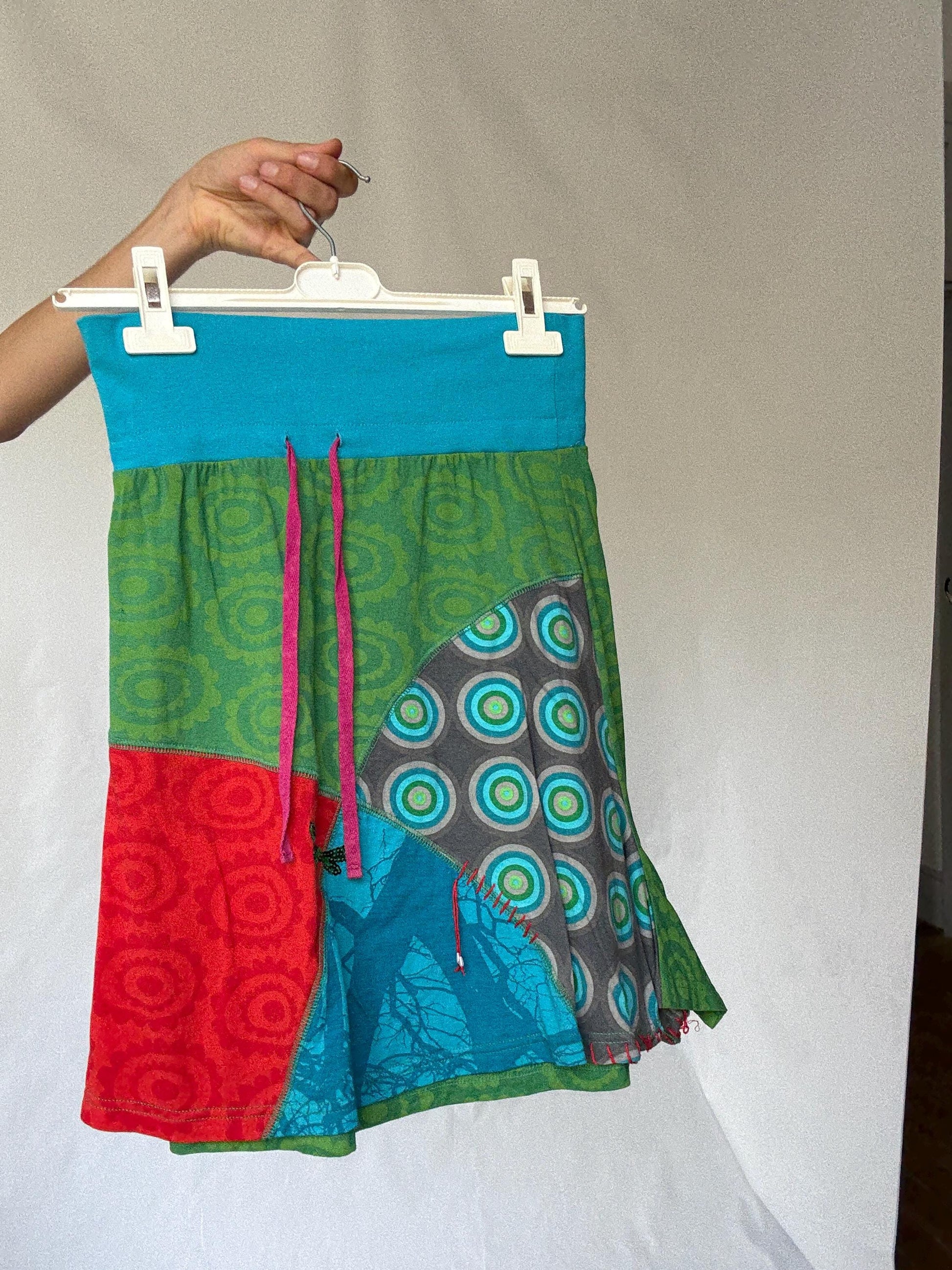 Eclectic Desigual Cotton Skirt with Vibrant Patterns and Patchwork in Turquoise, Green, Red, and Blue - Bohemian Style