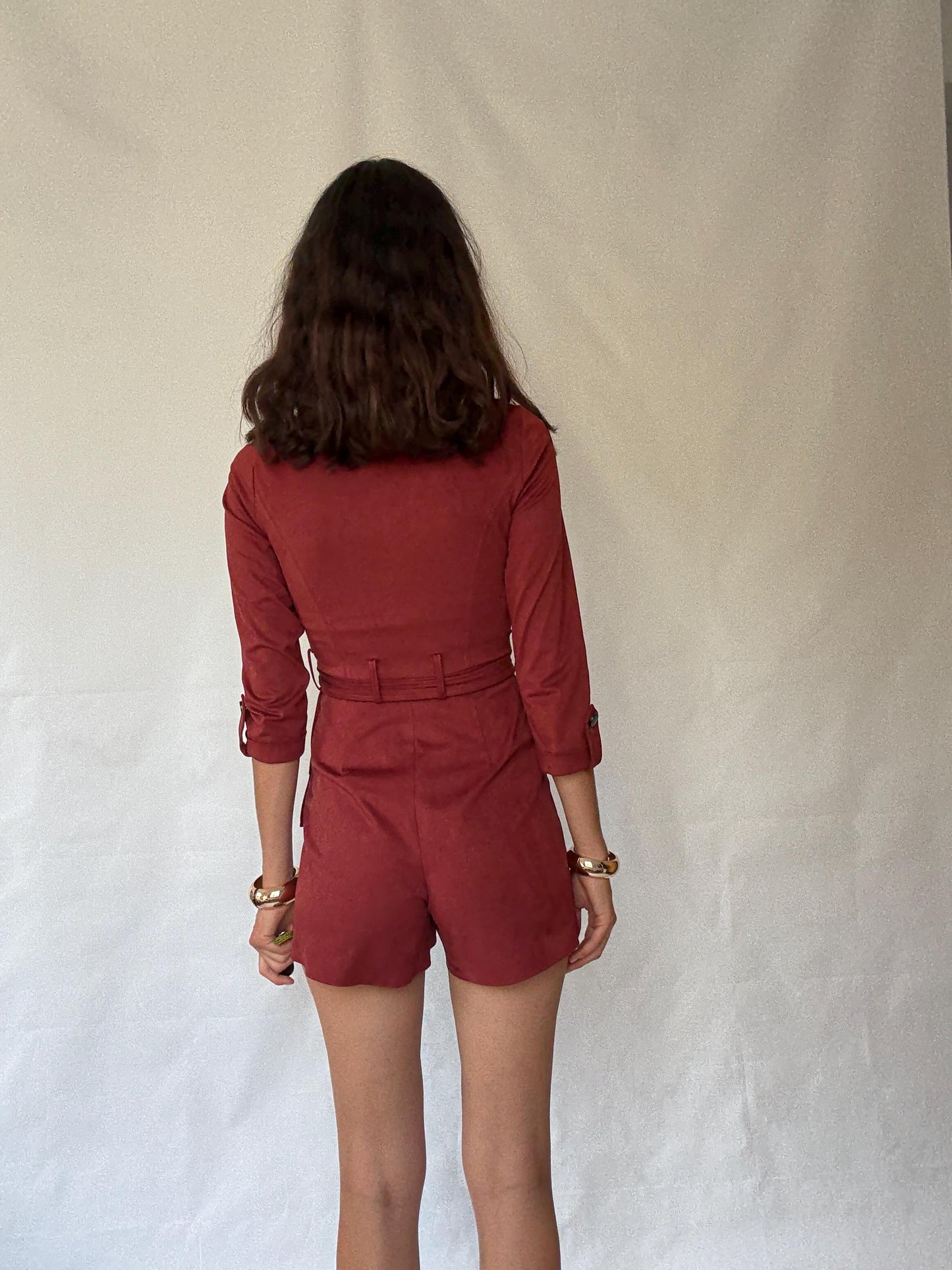 Morgan deep red romper, cotton feel, tailored fit, v, neck, fabric belt, front flap pockets, elegant, US XS, party evening wear