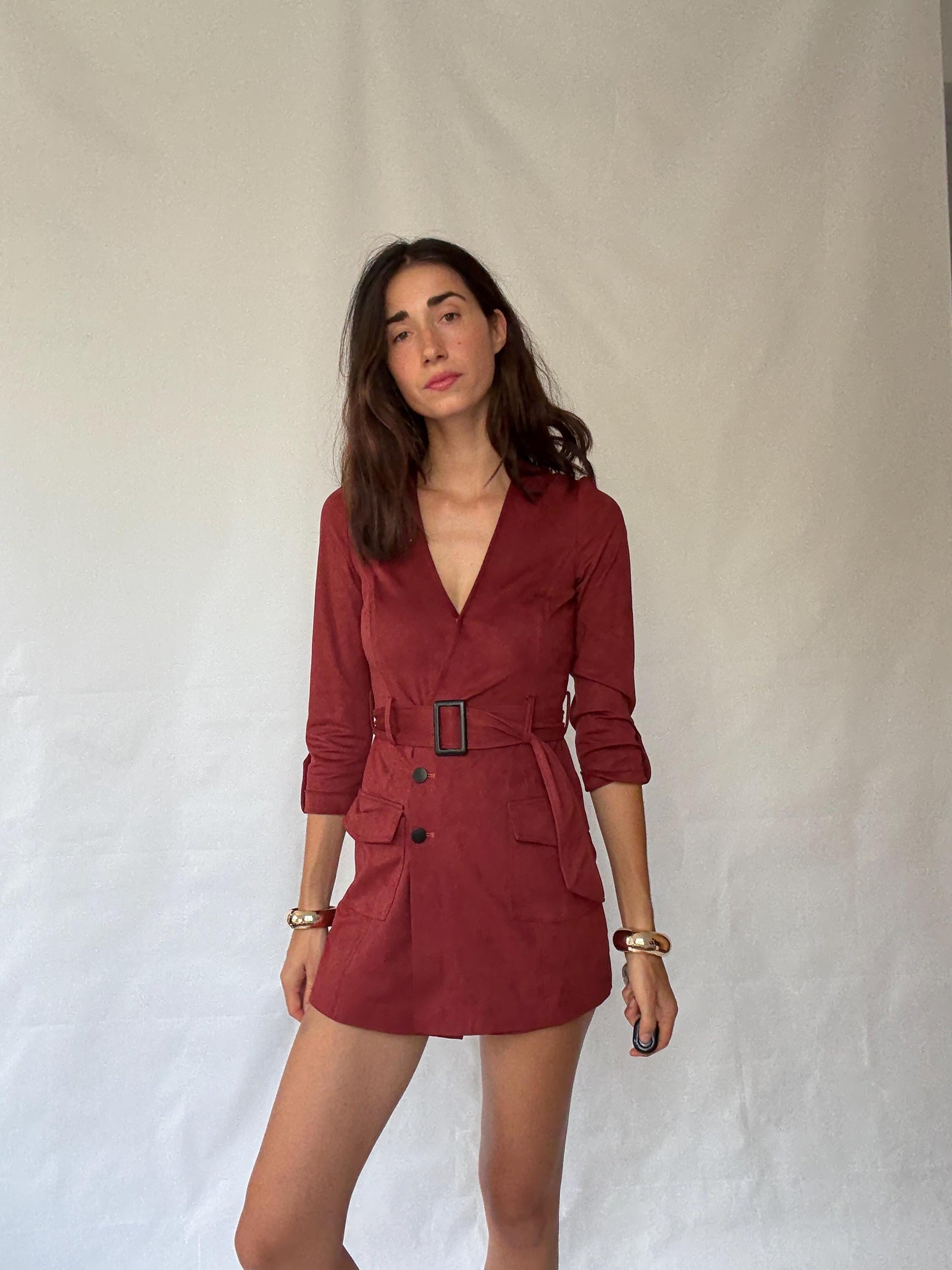 Morgan deep red romper, cotton feel, tailored fit, v, neck, fabric belt, front flap pockets, elegant, US XS, party evening wear