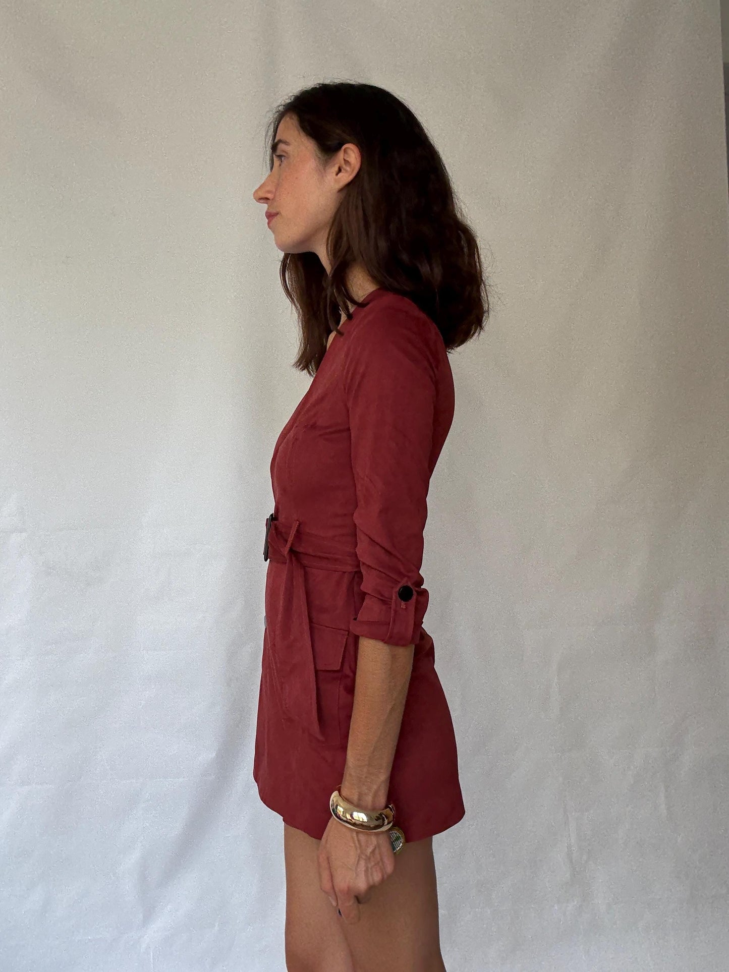 Morgan deep red romper, cotton feel, tailored fit, v, neck, fabric belt, front flap pockets, elegant, US XS, party evening wear