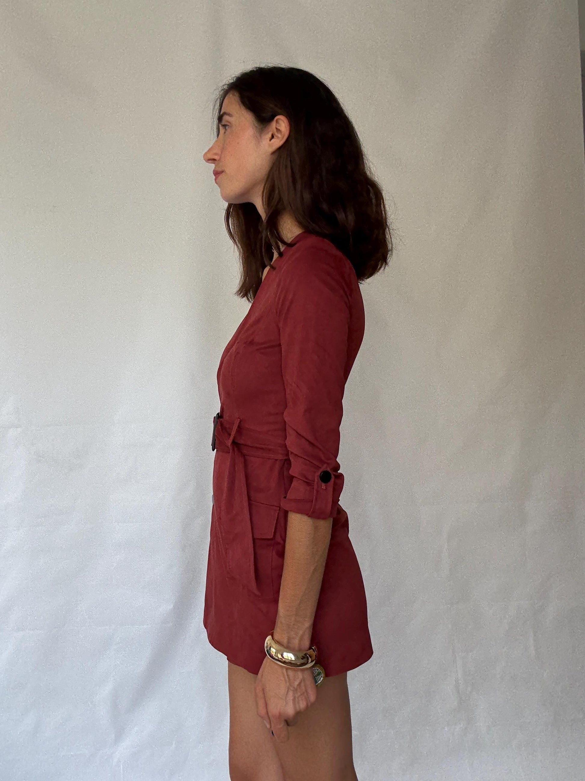 Morgan deep red romper, cotton feel, tailored fit, v, neck, fabric belt, front flap pockets, elegant, US XS, party evening wear