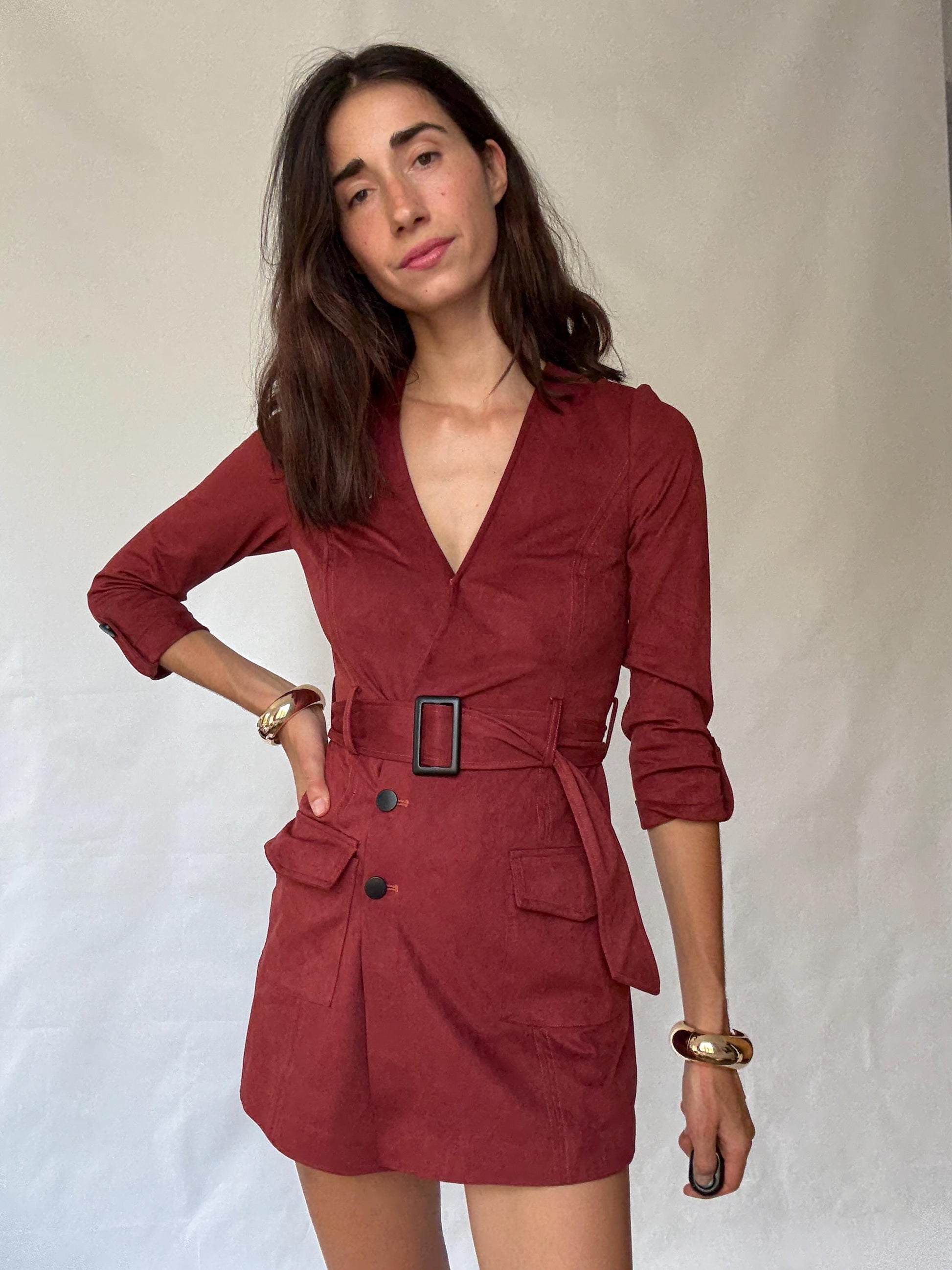 Morgan deep red romper, cotton feel, tailored fit, v, neck, fabric belt, front flap pockets, elegant, US XS, party evening wear