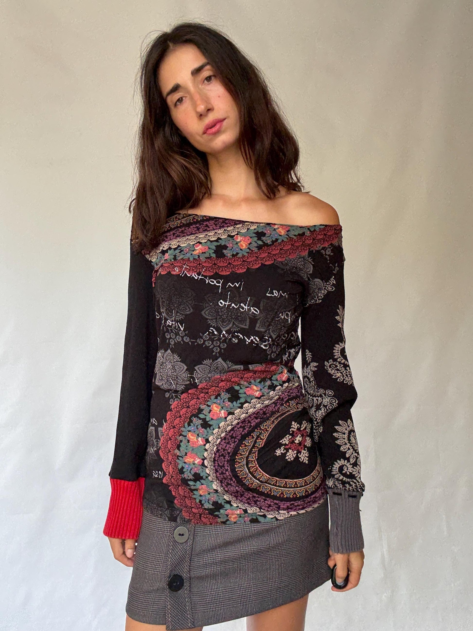 Bohemian Desigual Off-Shoulder Shirt with Vibrant Patterns in Cotton Blend, Fits Oversized and Flowy - Inspired by Hilary Duff Style, Size L