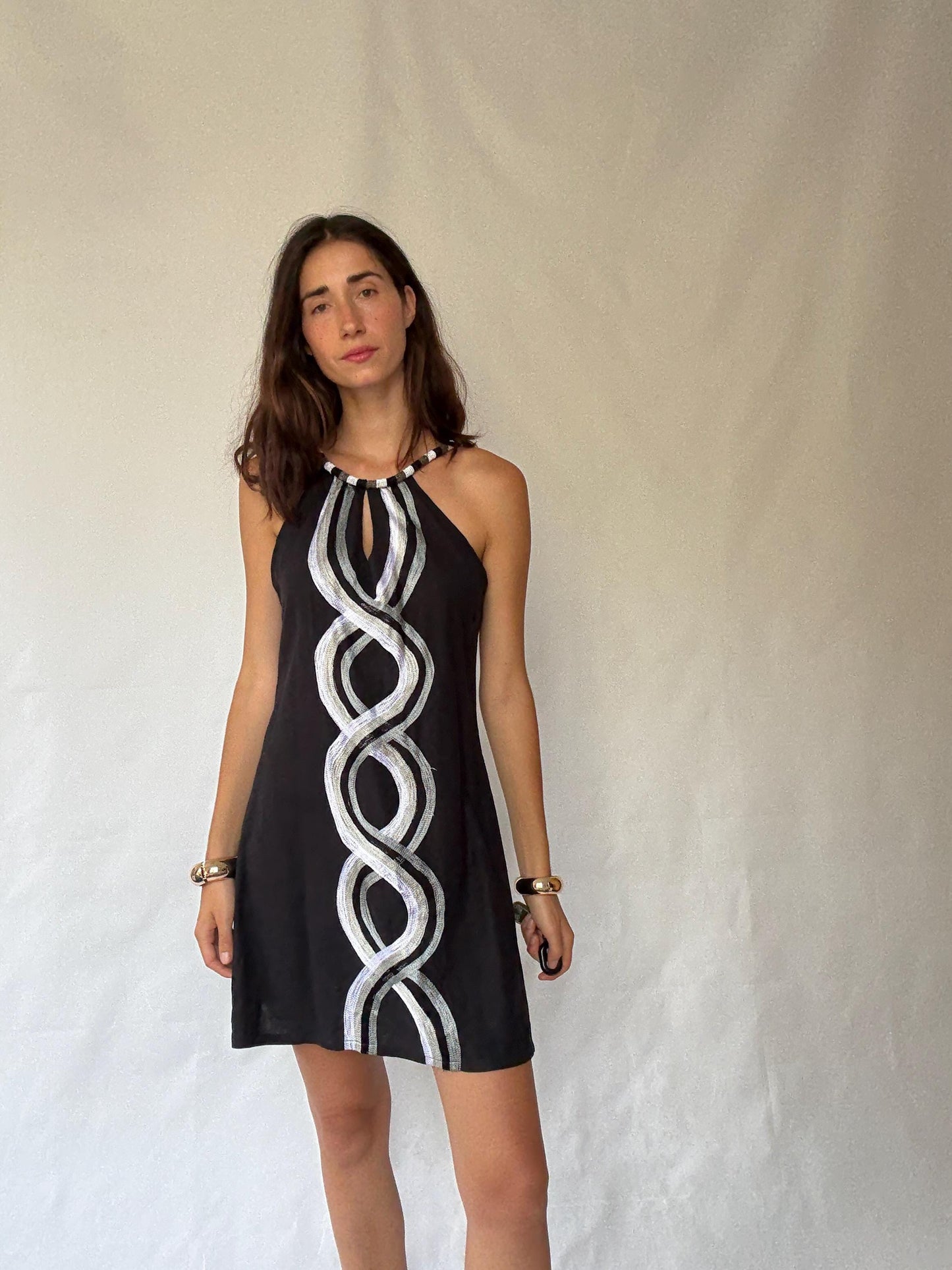 Vintage Sleeveless Dress with Beaded Halter Neckline, 50% Linen Lightweight Fabric, Designed in Canary Islands, Indie Sleaze Style, Size S