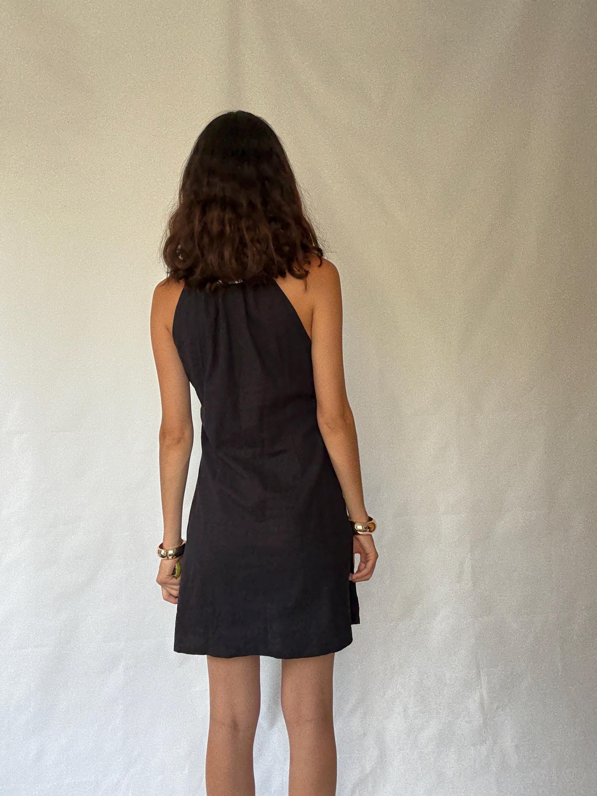 Vintage Sleeveless Dress with Beaded Halter Neckline, 50% Linen Lightweight Fabric, Designed in Canary Islands, Indie Sleaze Style, Size S