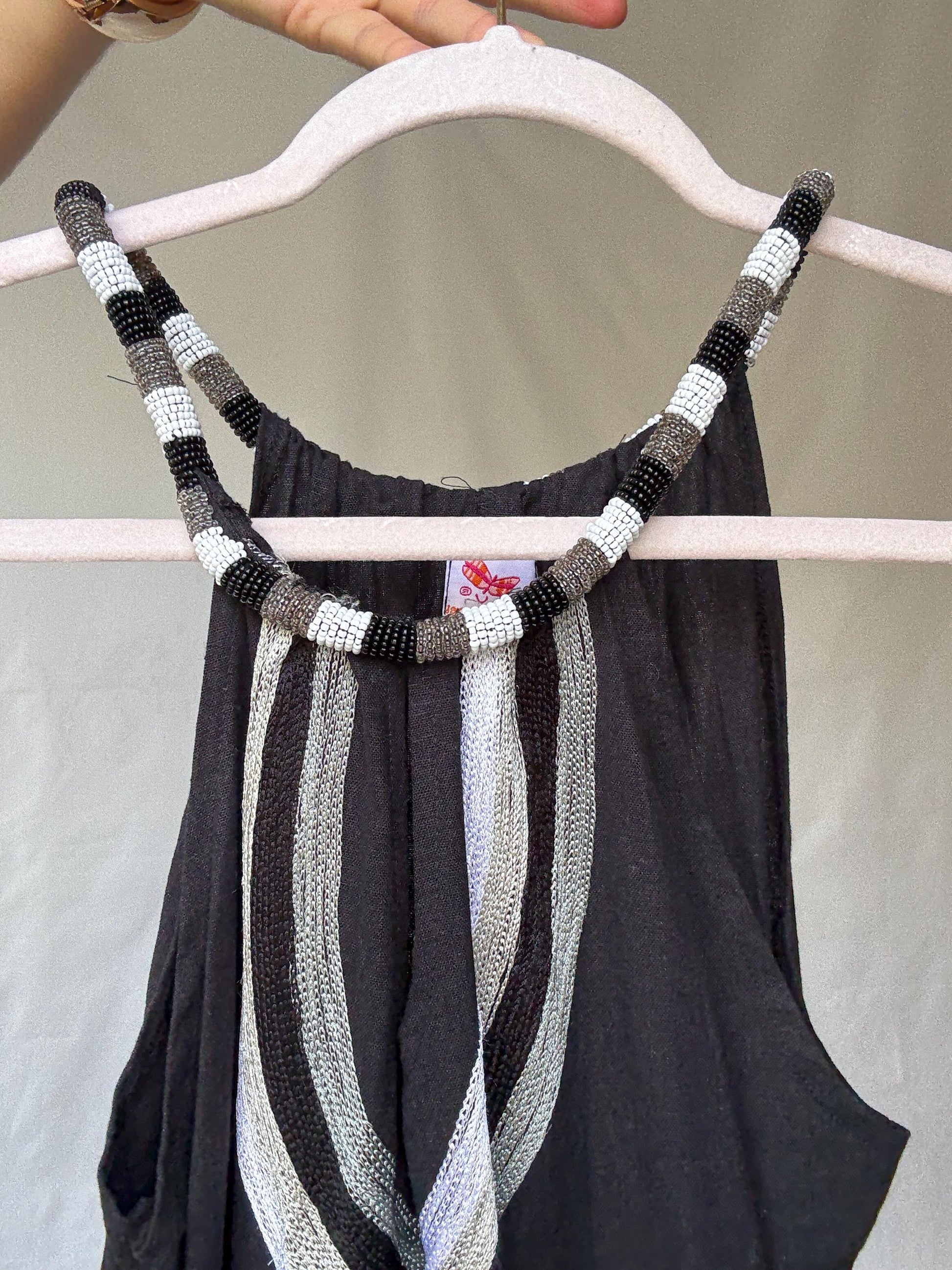 Vintage Sleeveless Dress with Beaded Halter Neckline, 50% Linen Lightweight Fabric, Designed in Canary Islands, Indie Sleaze Style, Size S