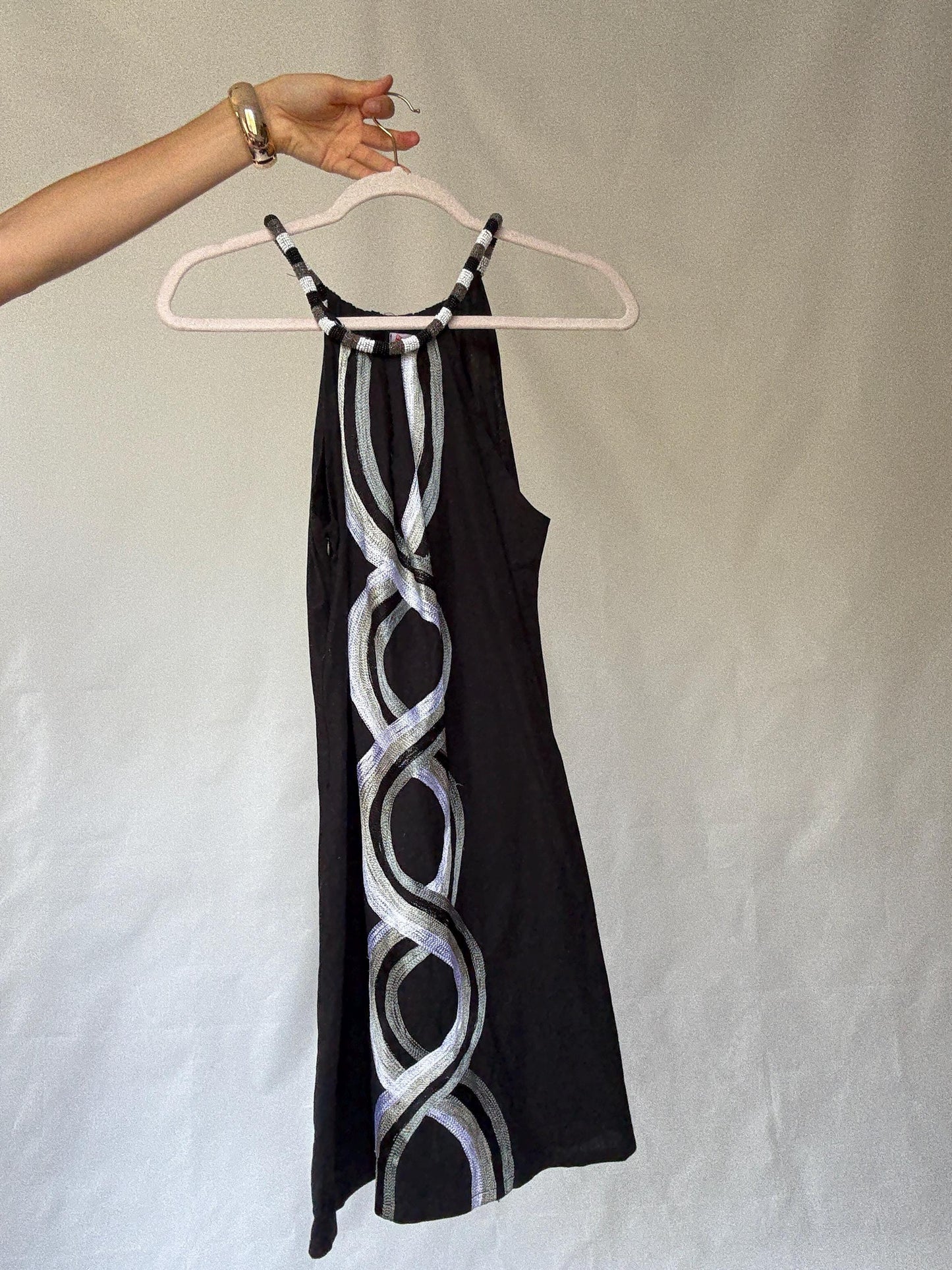 Vintage Sleeveless Dress with Beaded Halter Neckline, 50% Linen Lightweight Fabric, Designed in Canary Islands, Indie Sleaze Style, Size S