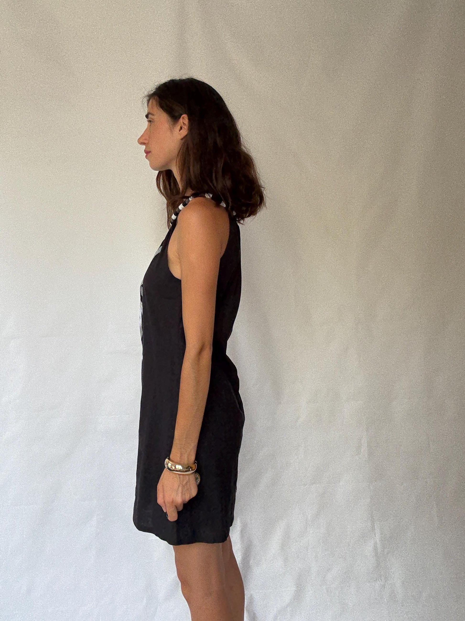 Vintage Sleeveless Dress with Beaded Halter Neckline, 50% Linen Lightweight Fabric, Designed in Canary Islands, Indie Sleaze Style, Size S