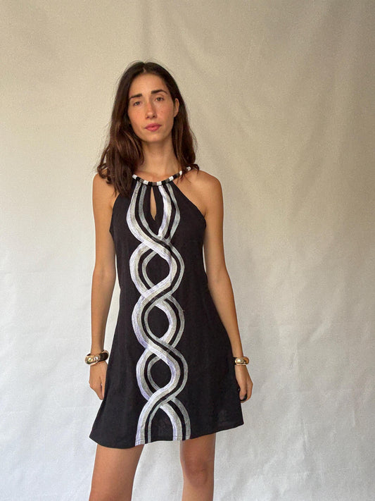 Vintage Sleeveless Dress with Beaded Halter Neckline, 50% Linen Lightweight Fabric, Designed in Canary Islands, Indie Sleaze Style, Size S