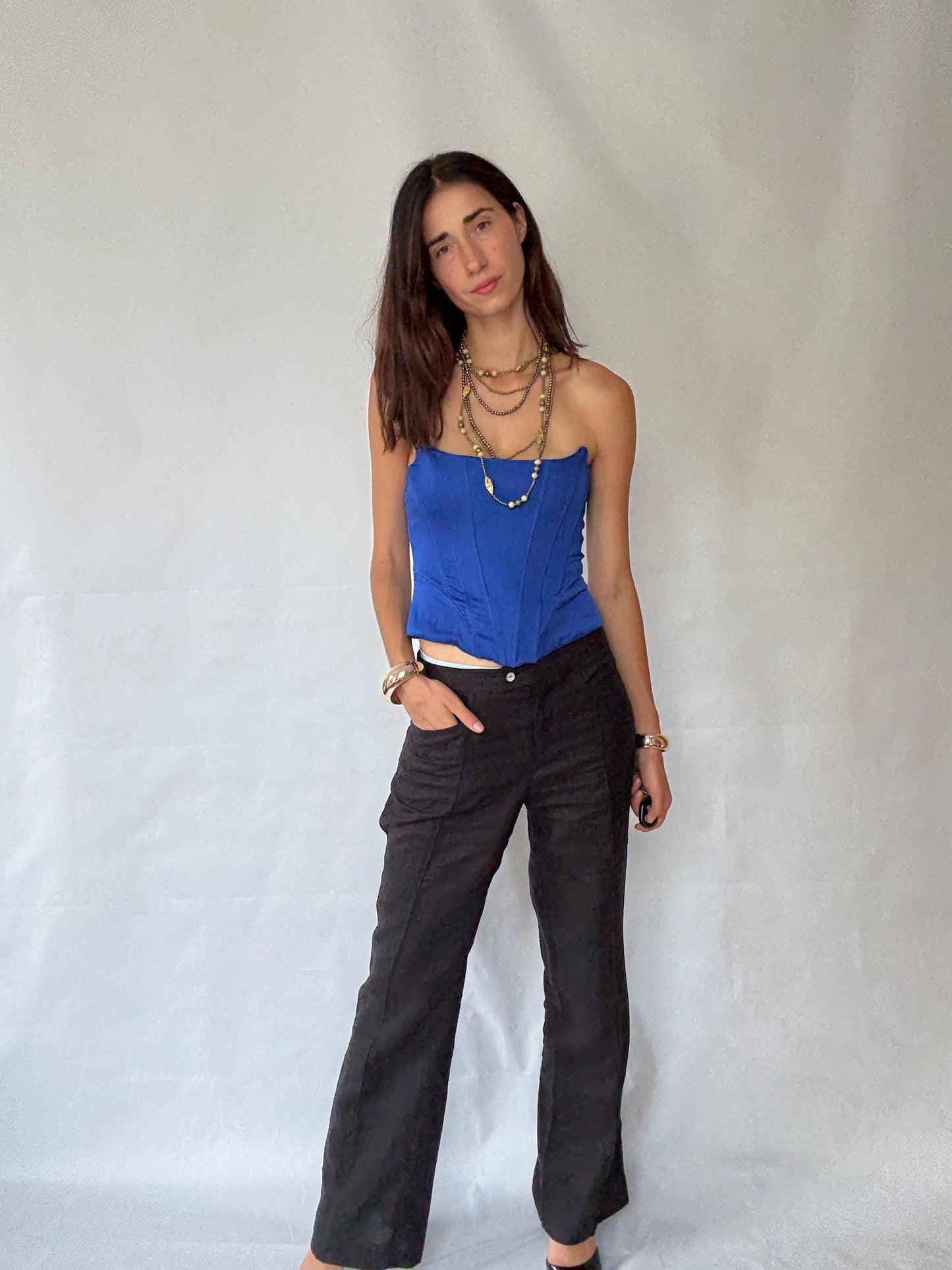 Versatile Black Full-Length Flared Pants with Extra Button - Ideal for Various Occasions in Vintage Style - Recommended Size S/M