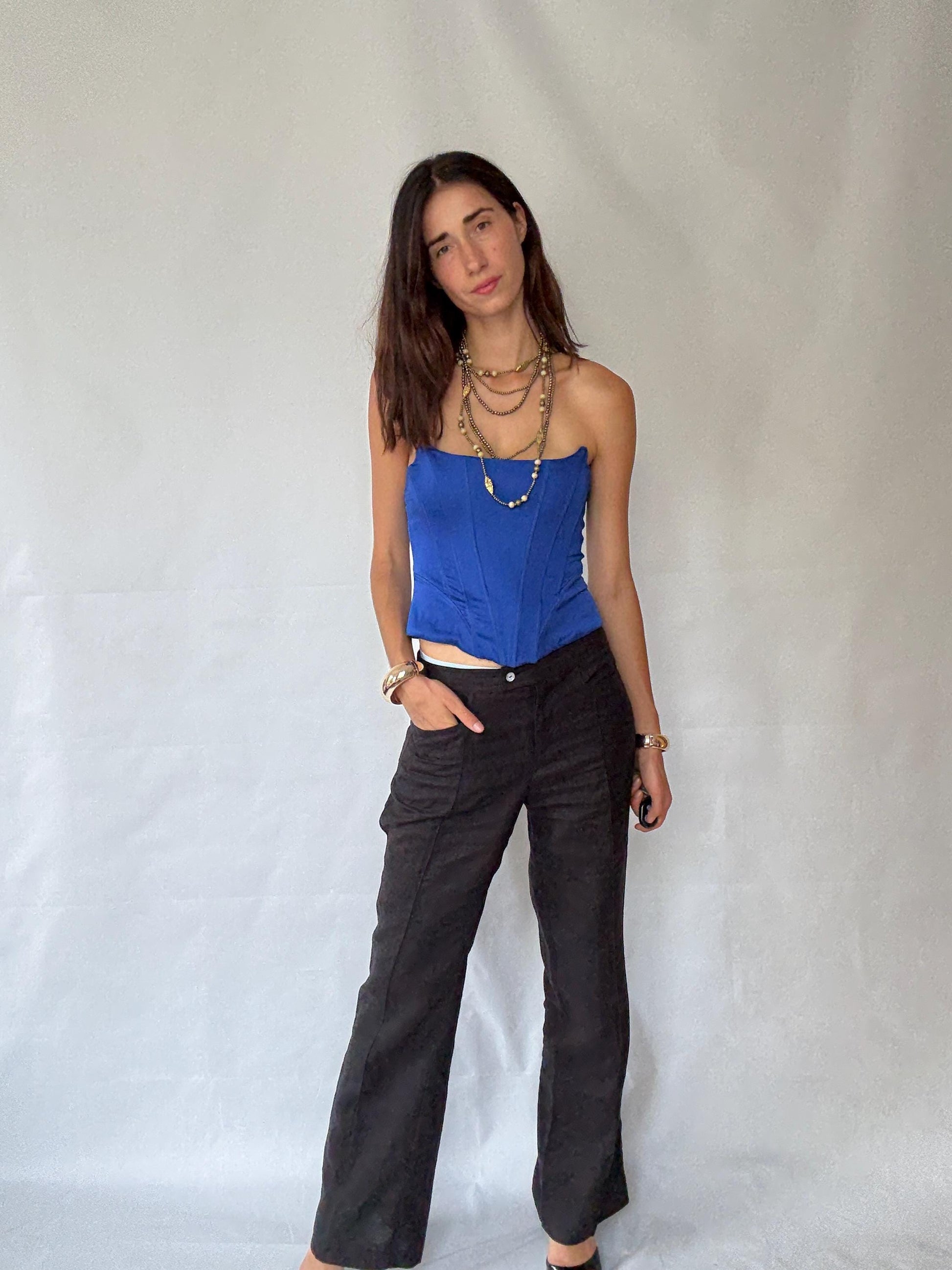 Versatile Black Full-Length Flared Pants with Extra Button - Ideal for Various Occasions in Vintage Style - Recommended Size S/M