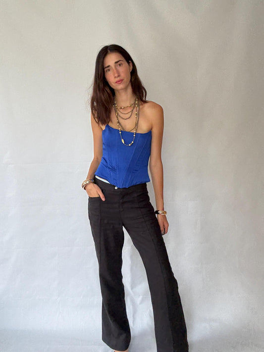 Versatile Black Full-Length Flared Pants with Extra Button - Ideal for Various Occasions in Vintage Style - Recommended Size S/M