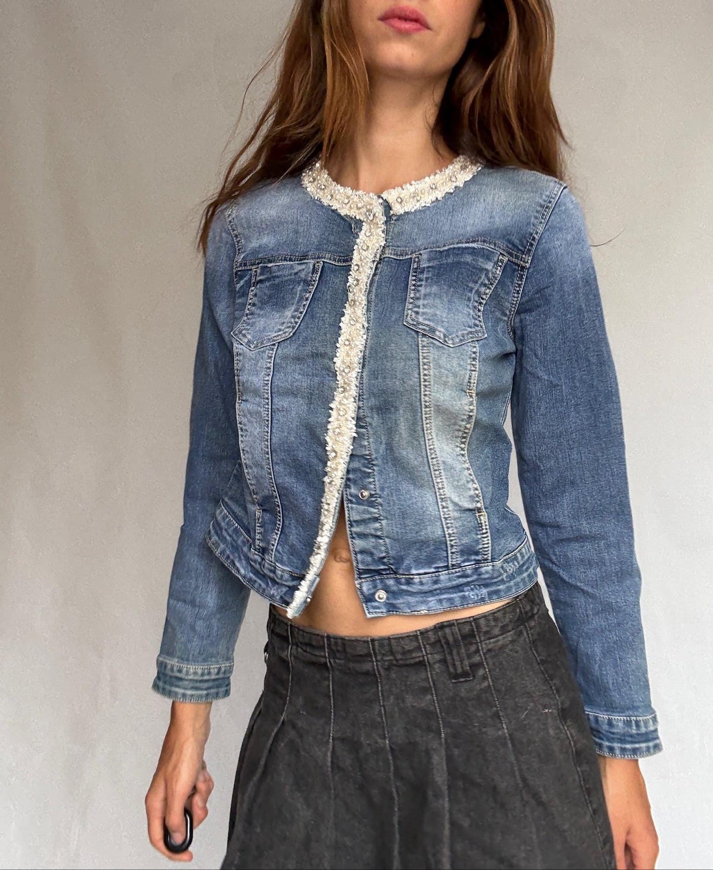 Pearl-Trimmed Vintage Denim Jacket