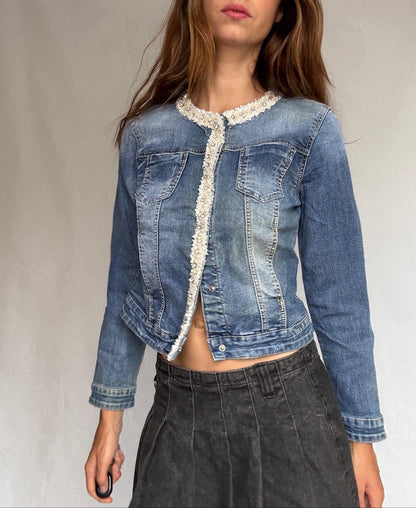 Pearl-Trimmed Vintage Denim Jacket