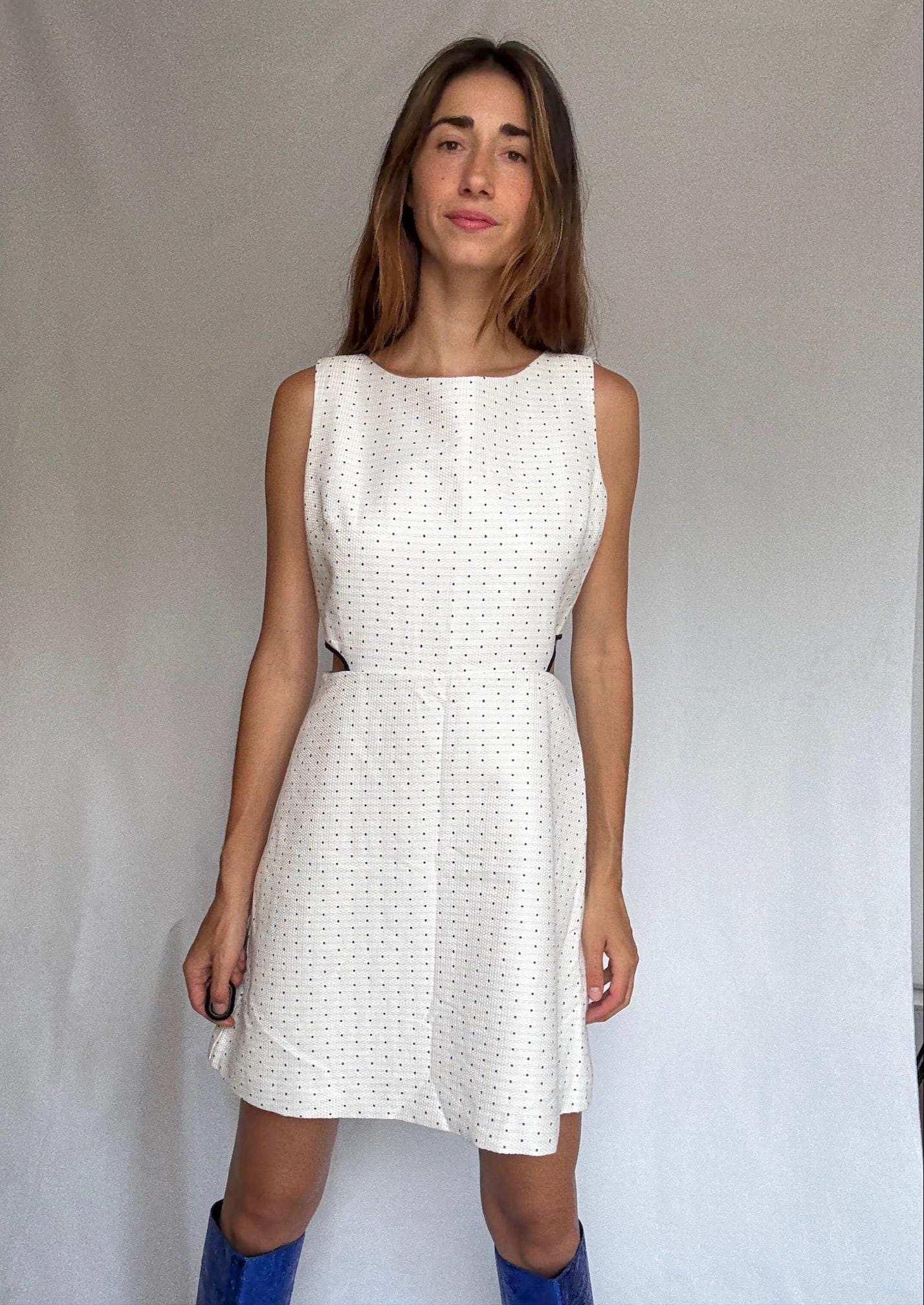 Naf Naf cotton mini dress with side cutouts and back zip US letter size M White with navy dots, structured sleeveless fit