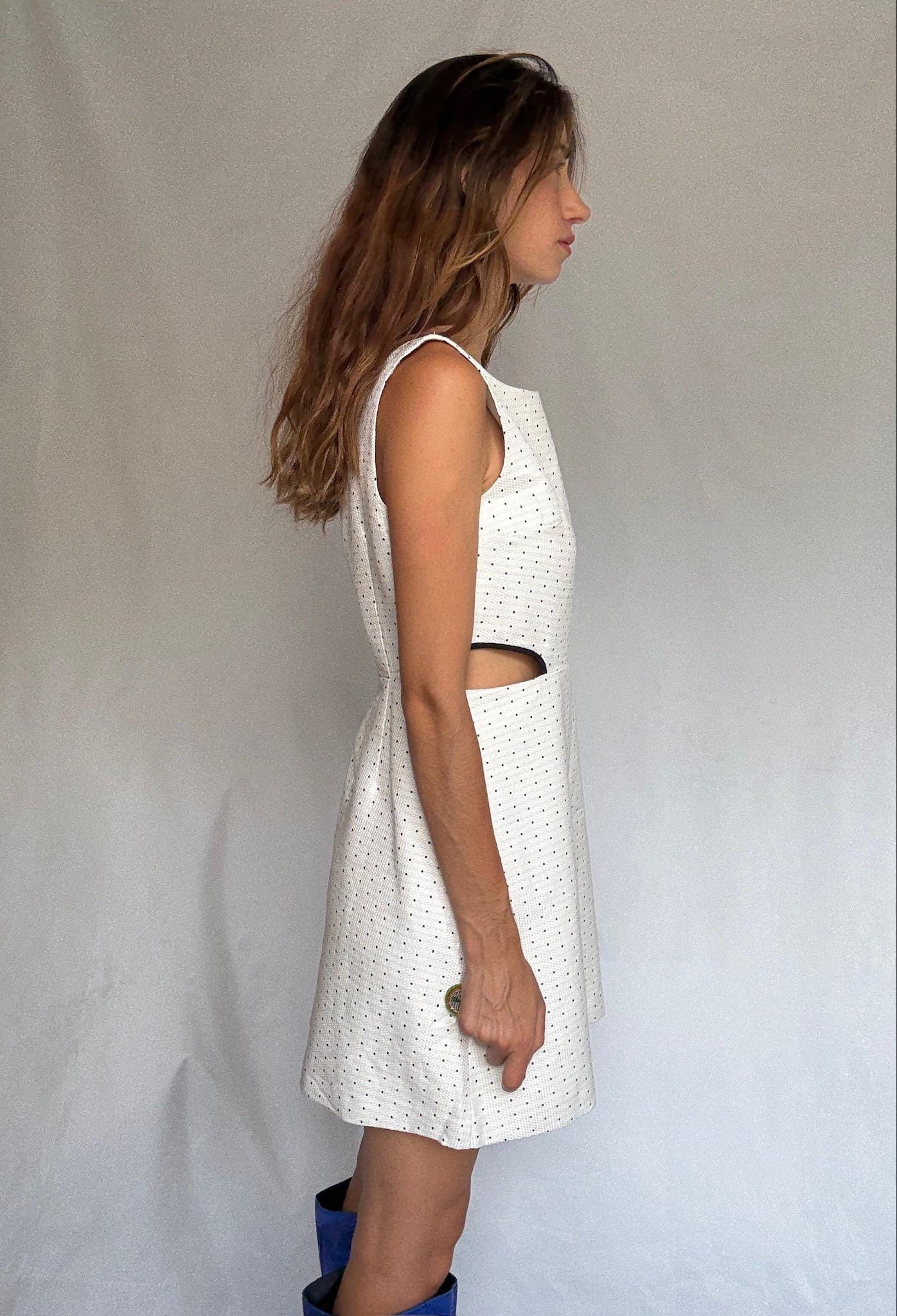 Naf Naf cotton mini dress with side cutouts and back zip US letter size M White with navy dots, structured sleeveless fit