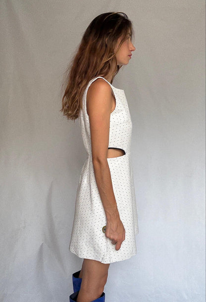 Naf Naf cotton mini dress with side cutouts and back zip US letter size M White with navy dots, structured sleeveless fit