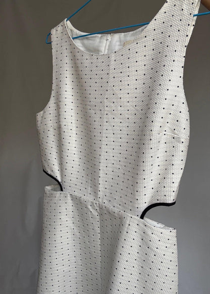 Naf Naf cotton mini dress with side cutouts and back zip US letter size M White with navy dots, structured sleeveless fit