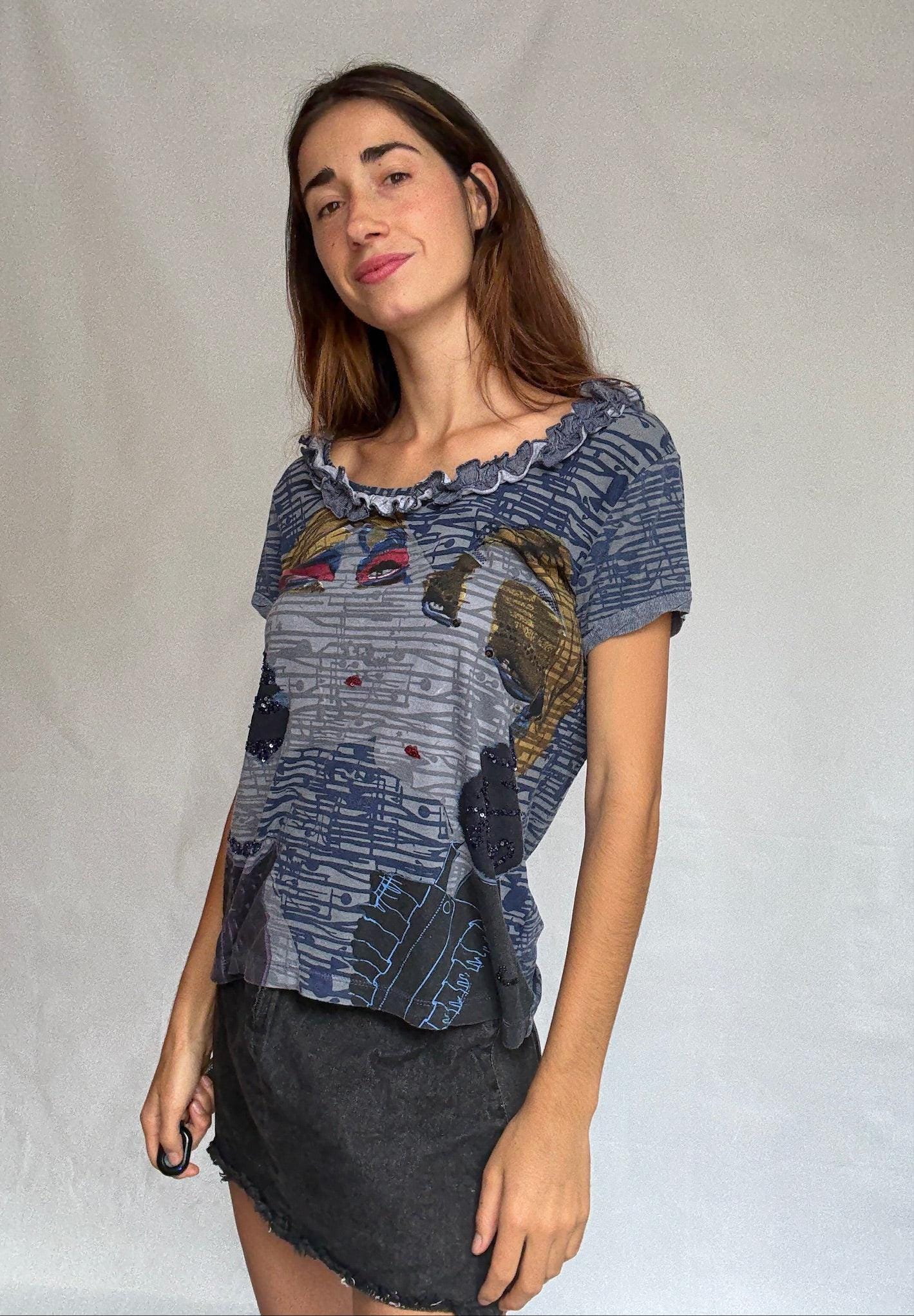 Artistic Face Print Cotton Tee with Sequins — back view