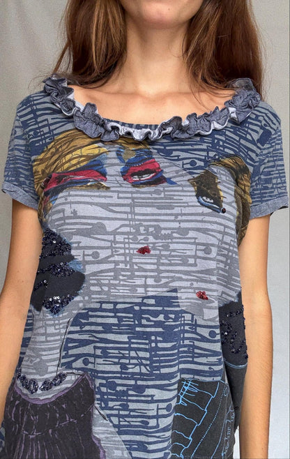 Artistic Face Print Cotton Tee with Sequins — additional view 6