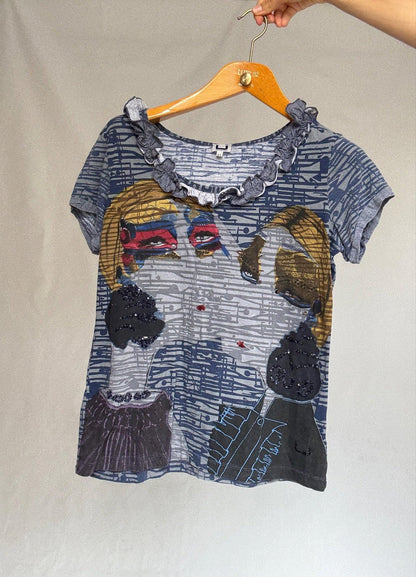 Artistic Face Print Cotton Tee with Sequins — additional view 9