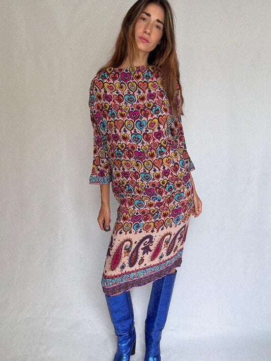 Vintage Tonalá heart and paisley print dress in 100% viscose US letter size M Multicolor bold tunic with 3/4 sleeves