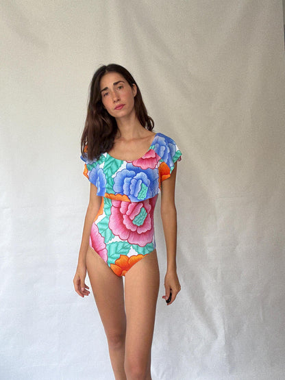Floral One-Piece Swimsuit With Ruffled Shoulders — detail