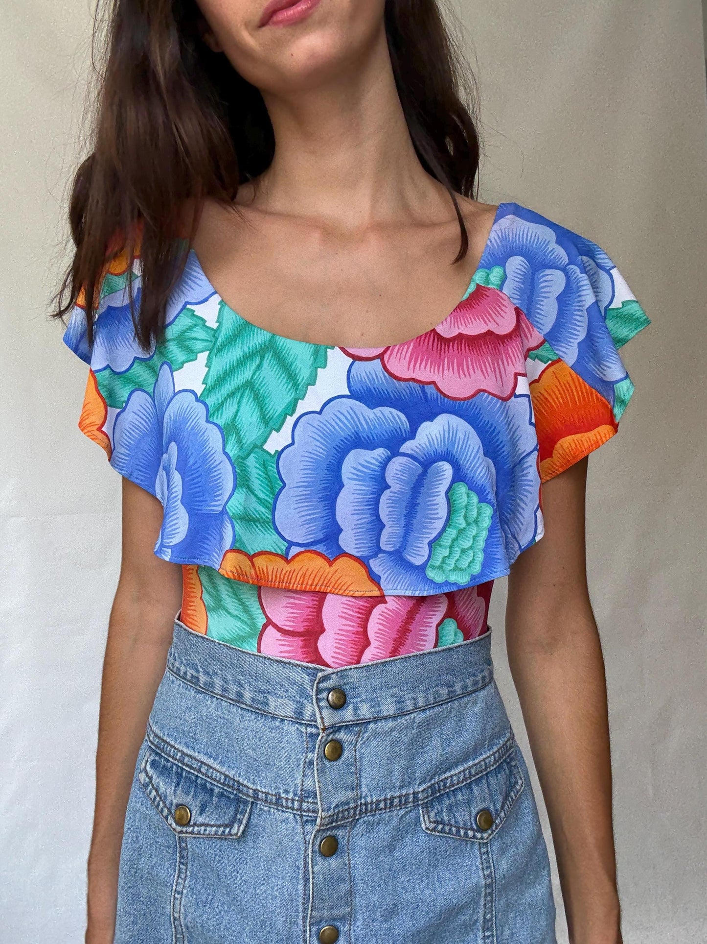 Retro floral one, piece swimsuit, scoop neckline, ruffled shoulder overlay, vibrant floral print, bohemian style, US M