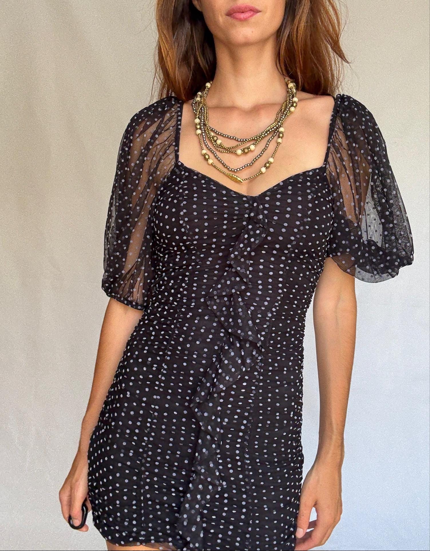 Vintage black sheer polka dot mini dress with puff sleeves US letter size XS Ruched mesh body with back zip and elastic