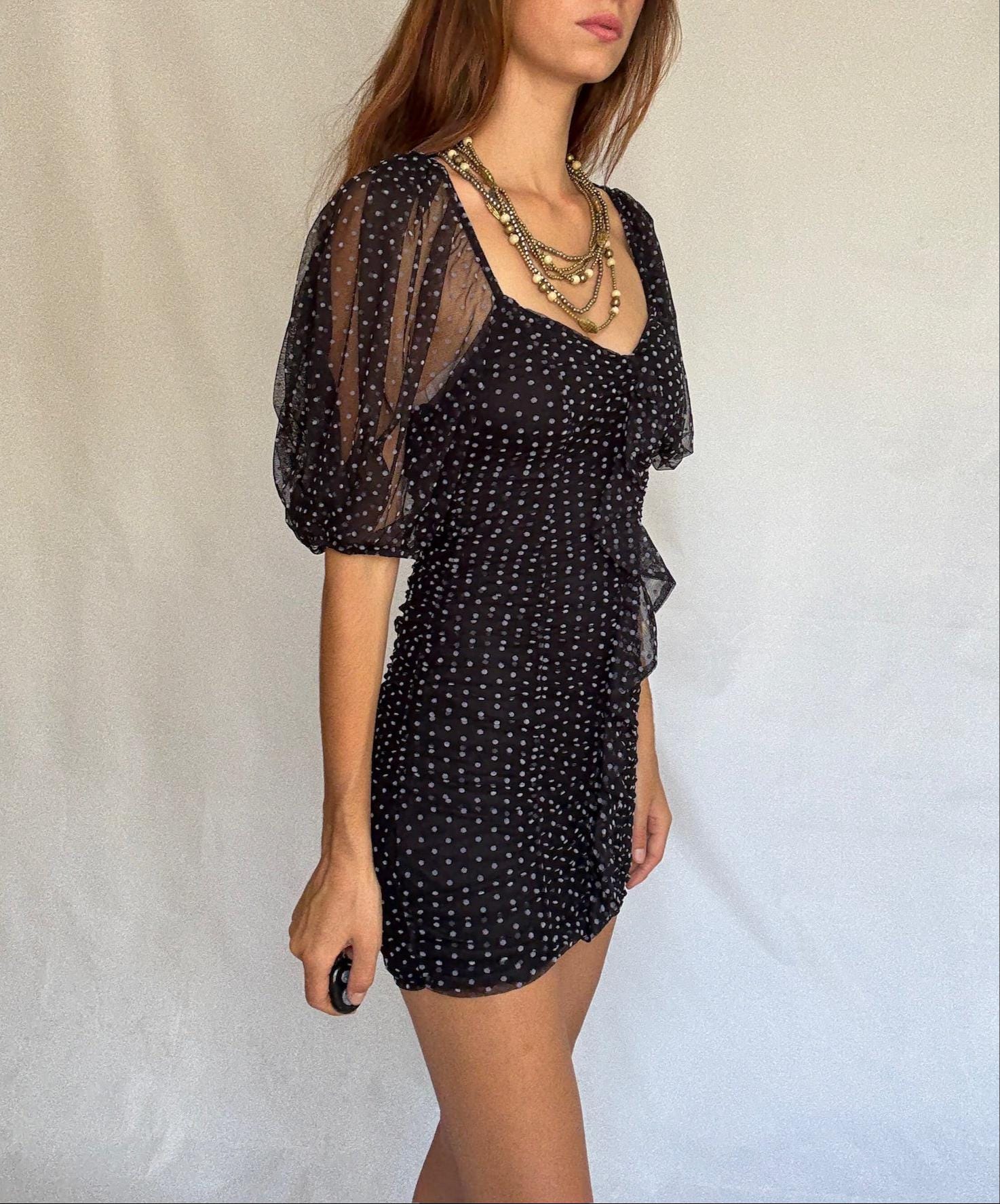 Vintage black sheer polka dot mini dress with puff sleeves US letter size XS Ruched mesh body with back zip and elastic