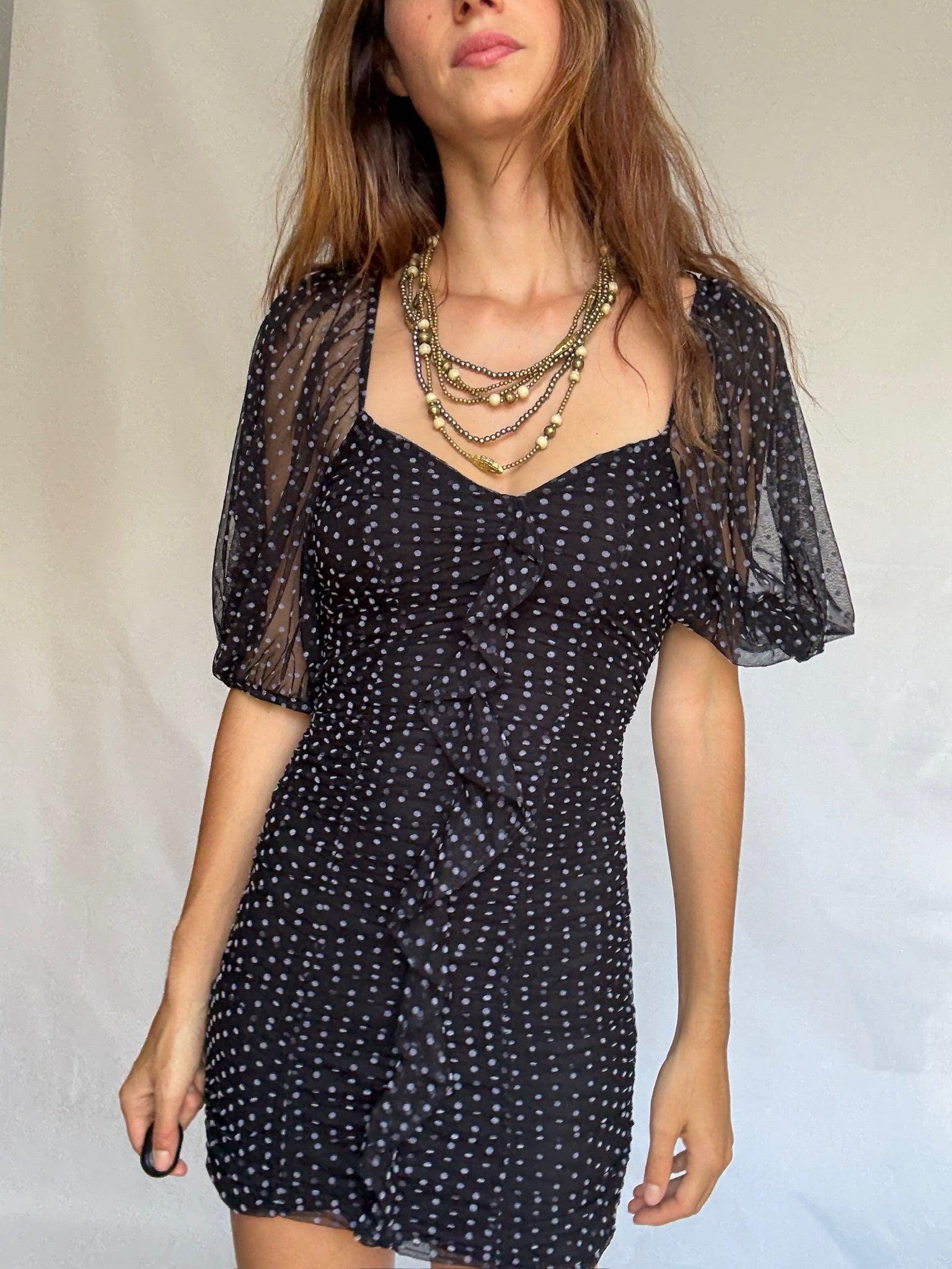Vintage black sheer polka dot mini dress with puff sleeves US letter size XS Ruched mesh body with back zip and elastic
