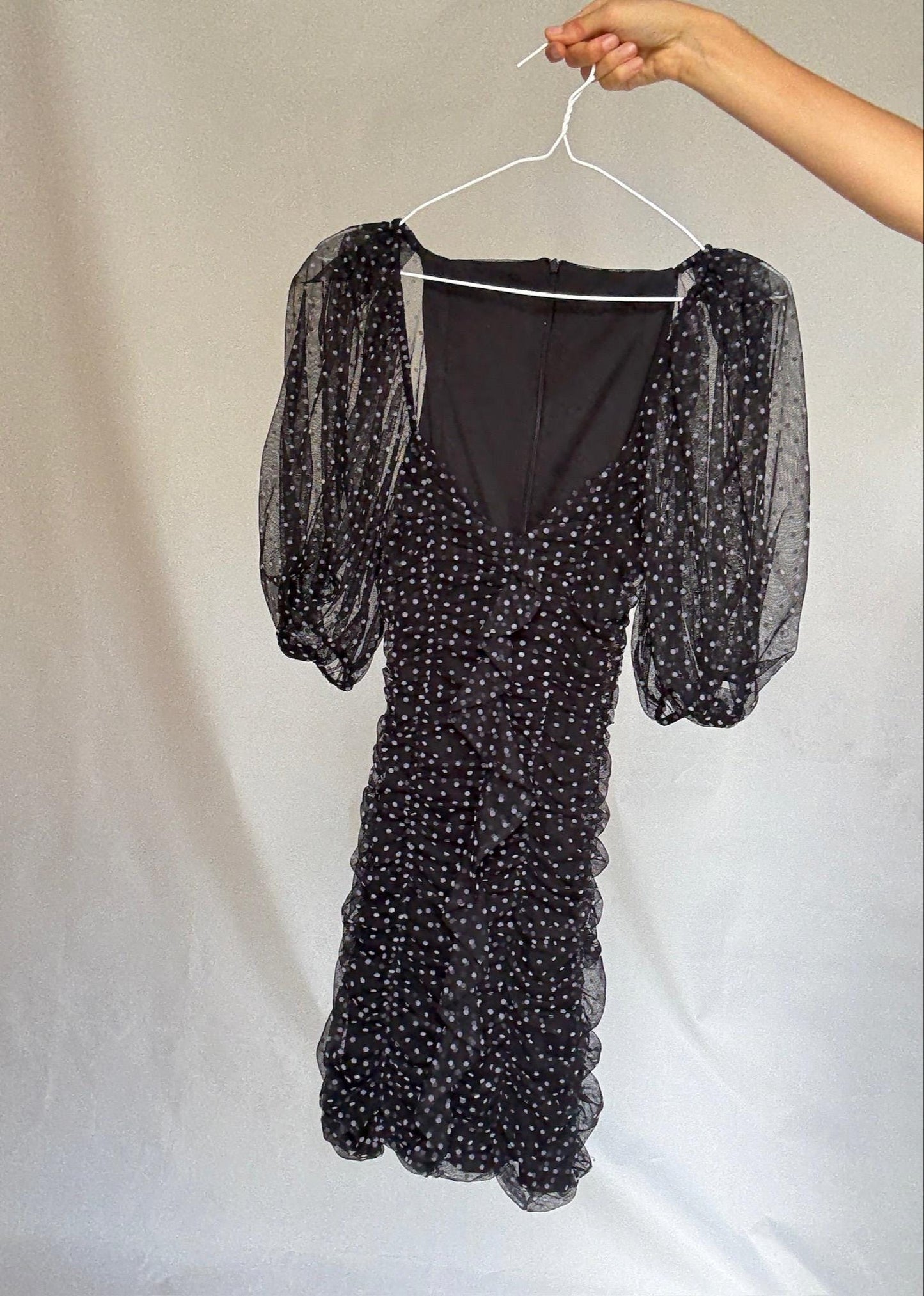Vintage black sheer polka dot mini dress with puff sleeves US letter size XS Ruched mesh body with back zip and elastic