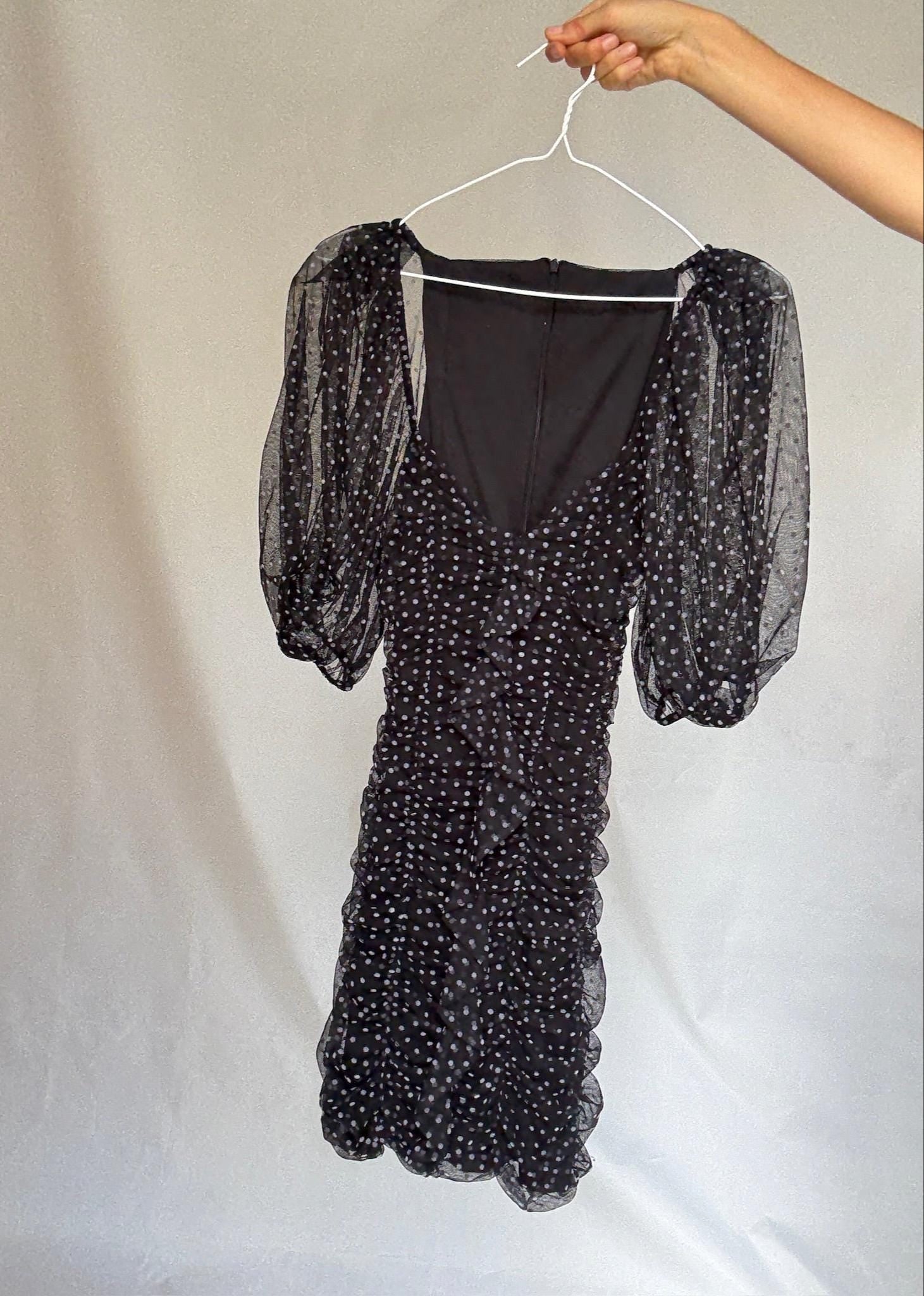 Vintage black sheer polka dot mini dress with puff sleeves US letter size XS Ruched mesh body with back zip and elastic