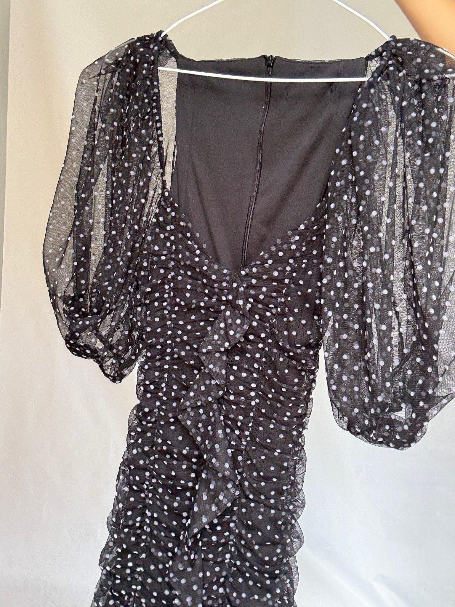 Vintage black sheer polka dot mini dress with puff sleeves US letter size XS Ruched mesh body with back zip and elastic